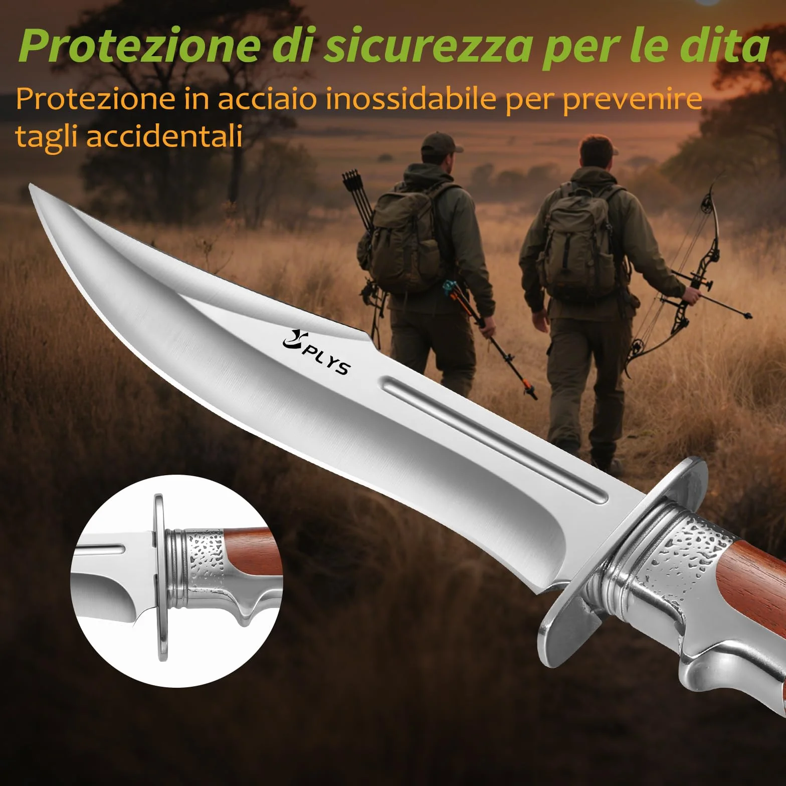 Plys Coltello da Caccia Lama Fissa 17 cm Coltello Bushcraft Professionale con Fodero Manico in Legno