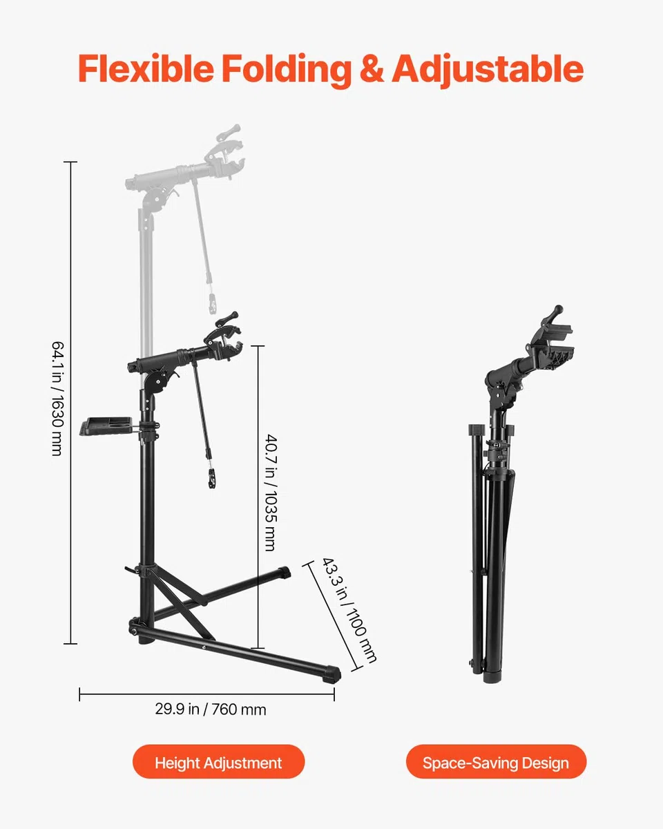 VEVOR Supporto per Riparazione Bici, da 37 kg con Altezza Regolabile da 102 a 162 cm e Vassoio Portautensili Magnetico, Supporto Pieghevole per Manutenzione Bici, per Meccanici da Casa