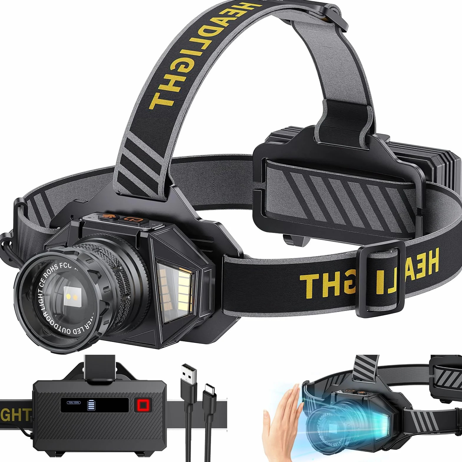 Rechargeable LED Headlamp 120000 Lumen, IPX7 9000mAh, 12 Modes, Sensor, Zoomable for Camping Fishing