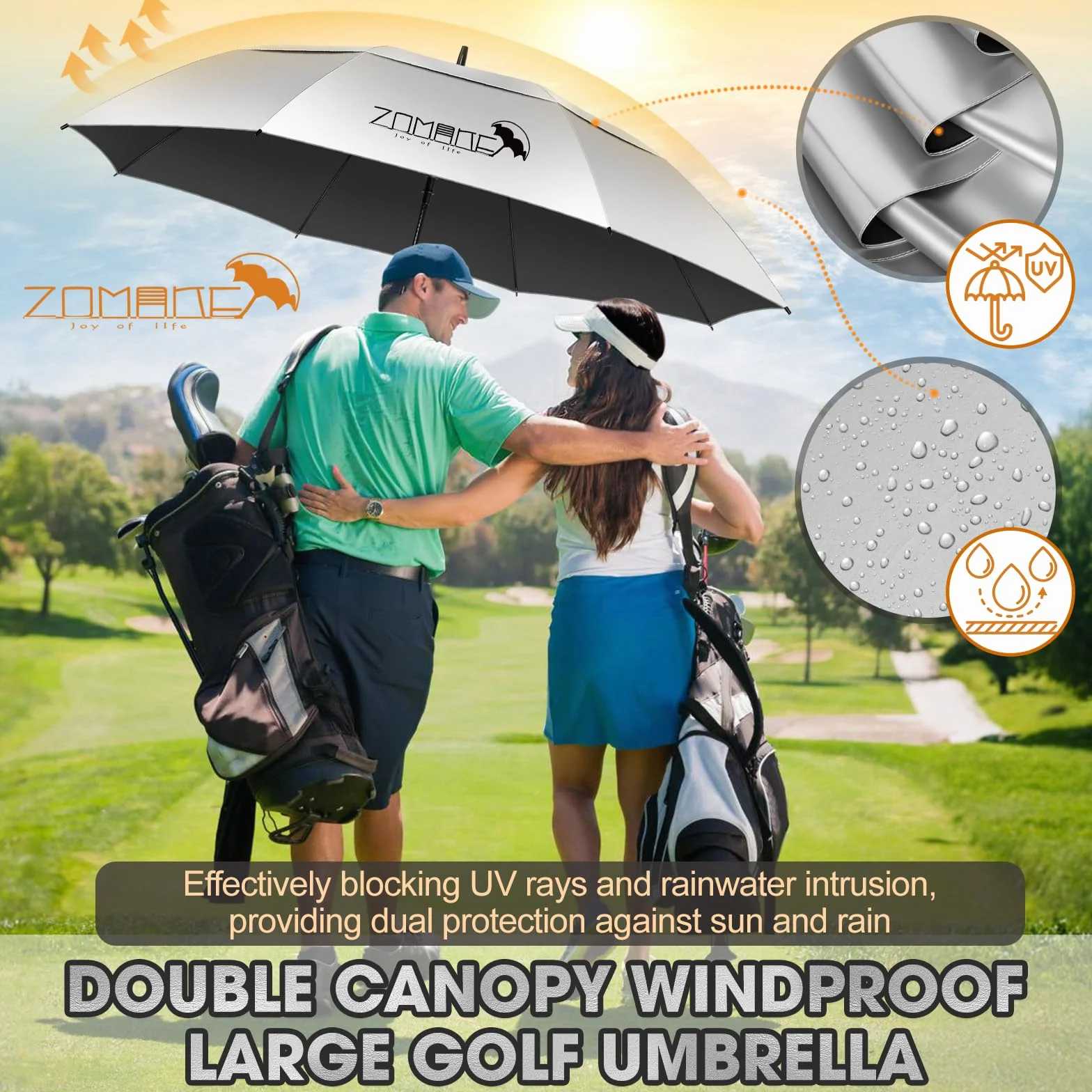 ZOMAKE UV Ombrello Golf Antivento Grande,62/68 Pollici ombrello parasole Robusto XXL,Ombrelli Uomo Donna Doppia Copertura Ventilata Da Sole Per 2-3 Persone