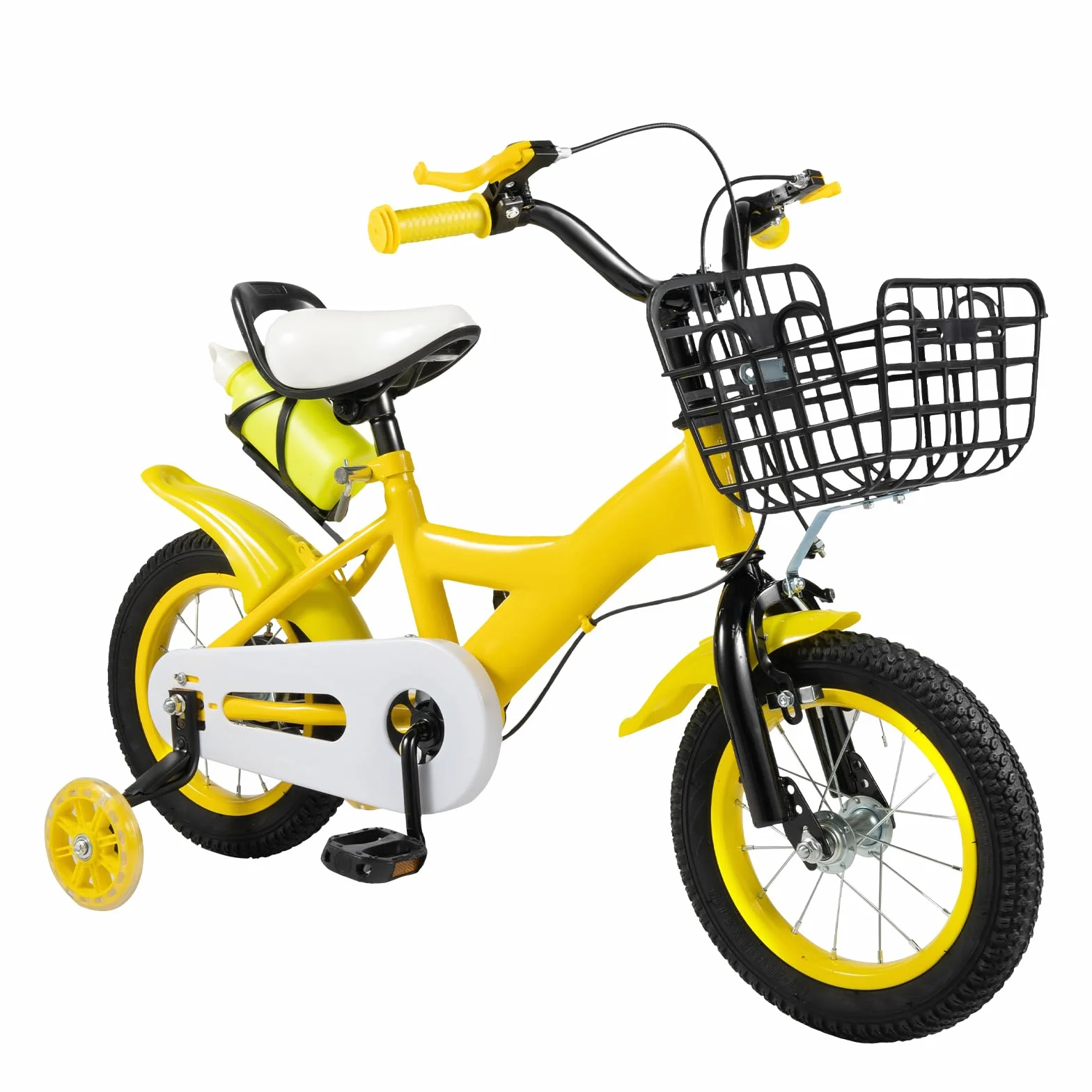 Bicicletta per bambini 12 pollici con ruote di supporto, bicicletta gialla per ragazzi e ragazze dai 3 ai 6 anni, regolabile in altezza, doppio freno, telaio in acciaio, con cestino e portapacchi