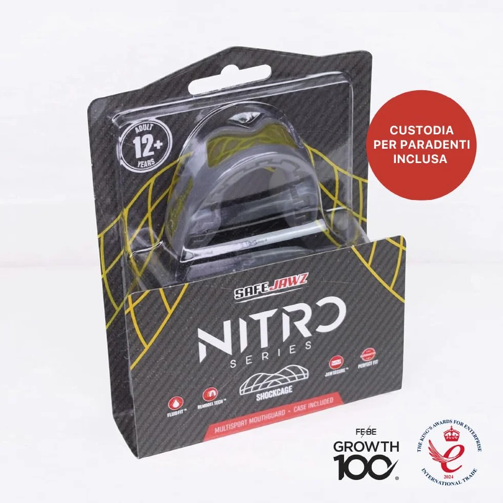 SAFEJAWZ Nitro Paradenti Sportivo Completo per Adulti e Bambini Rugby MMA Hockey Judo Boxe Grigio