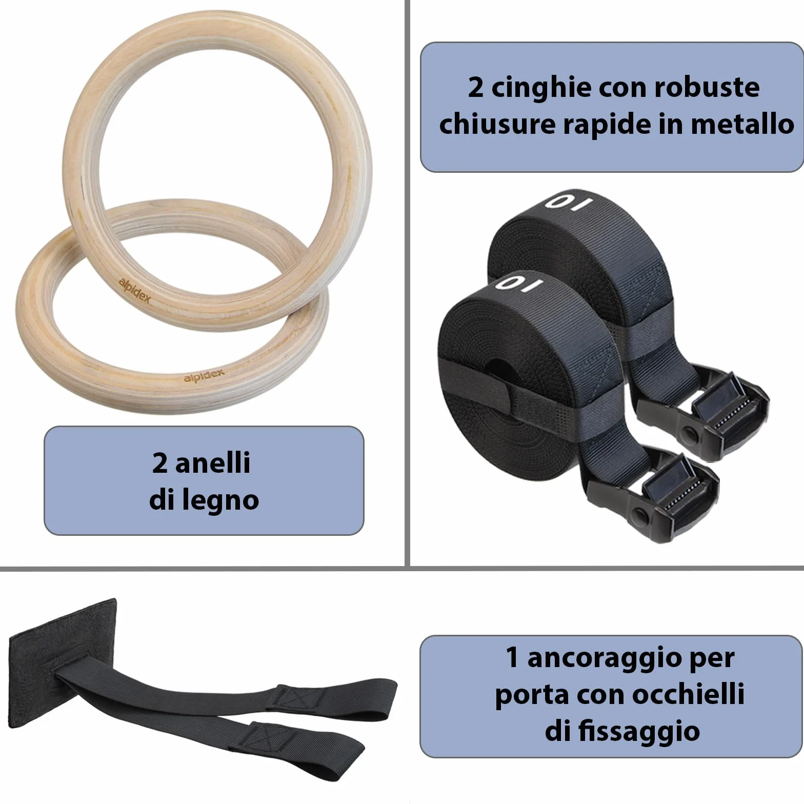 ALPIDEX Anelli Ginnastica e Palestra in Legno con Ancoraggi per Porta e Cinghie di Fissaggio