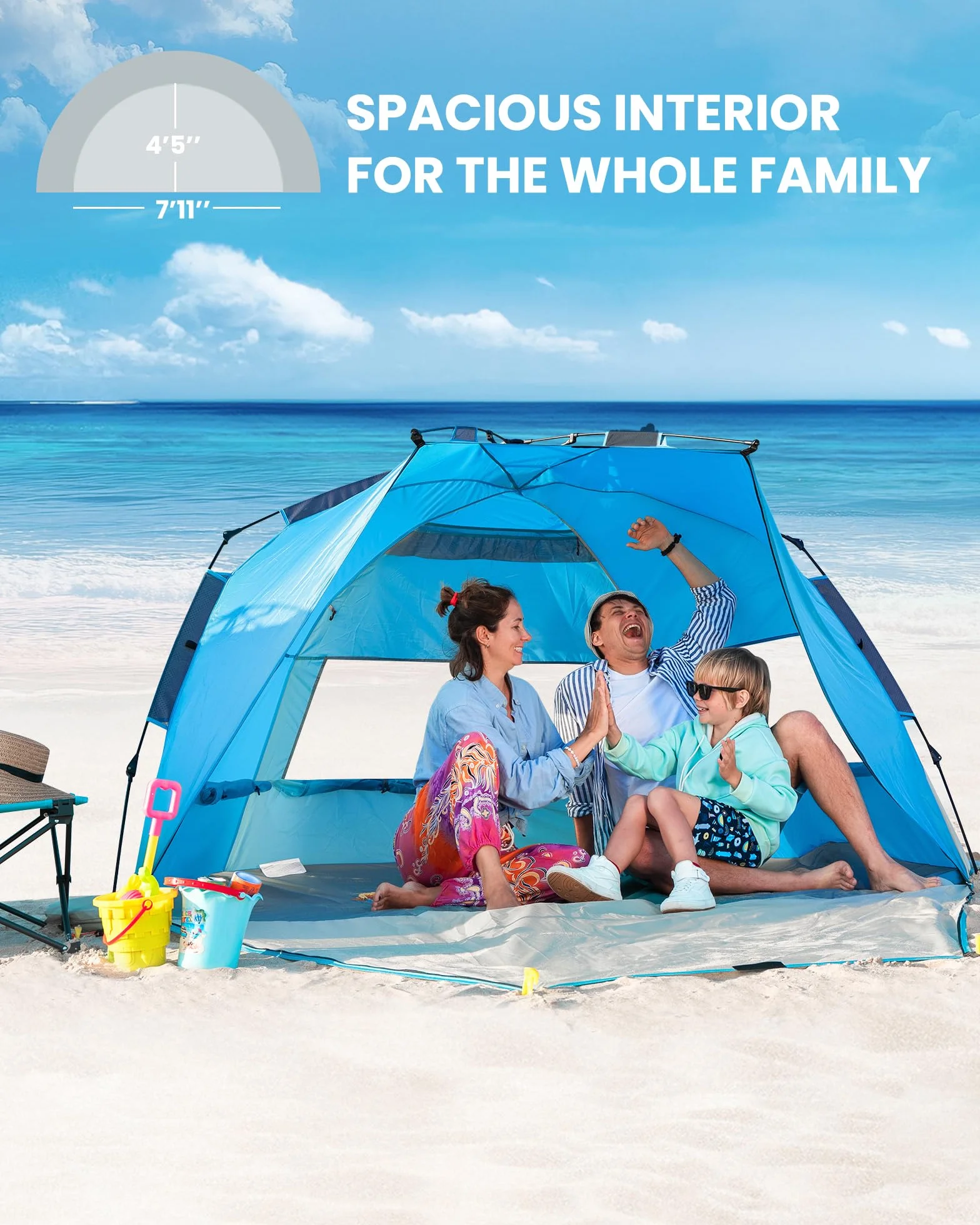 OutdoorMaster Tenda da spiaggia pop up per 3-4 persone, misura XL, facile da installare, portatile, pieghevole, con protezione UV UPF 50+, lucernario rimovibile per famiglie