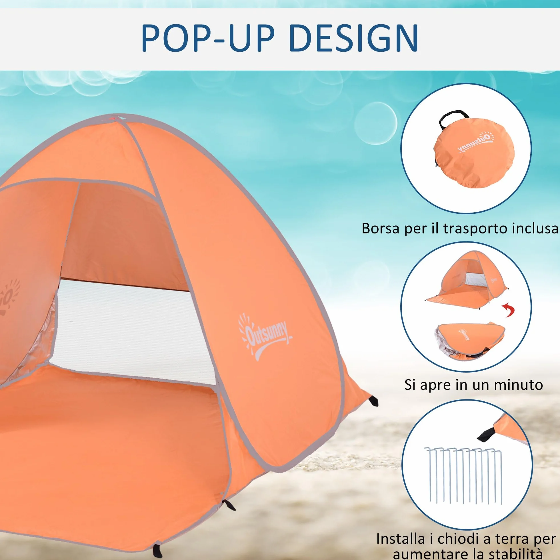 Outsunny Tenda da Spiaggia Pop Up con Protezione UV 30+, Tendalino da Mare Pieghevole con Finestra e Borsa di Trasporto, 200x150x119 cm