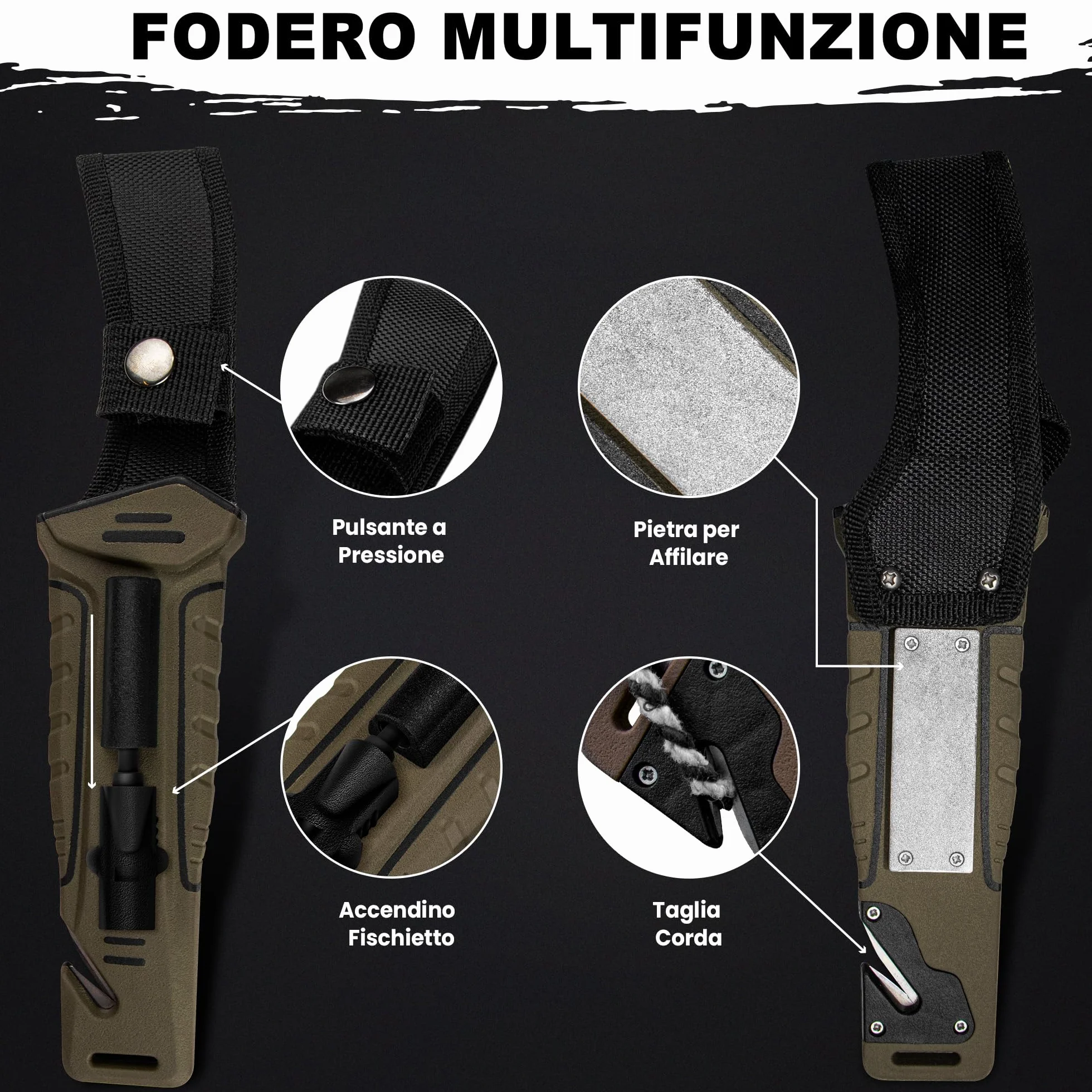 naifu® - The Hunter X - MARONNE - Coltello sopravvivenza a lama fissa da 12 cm in acciaio inossidabile - Coltello da caccia - Sopravvivenza - Bushcraft - Accendino e affilatore inclusi