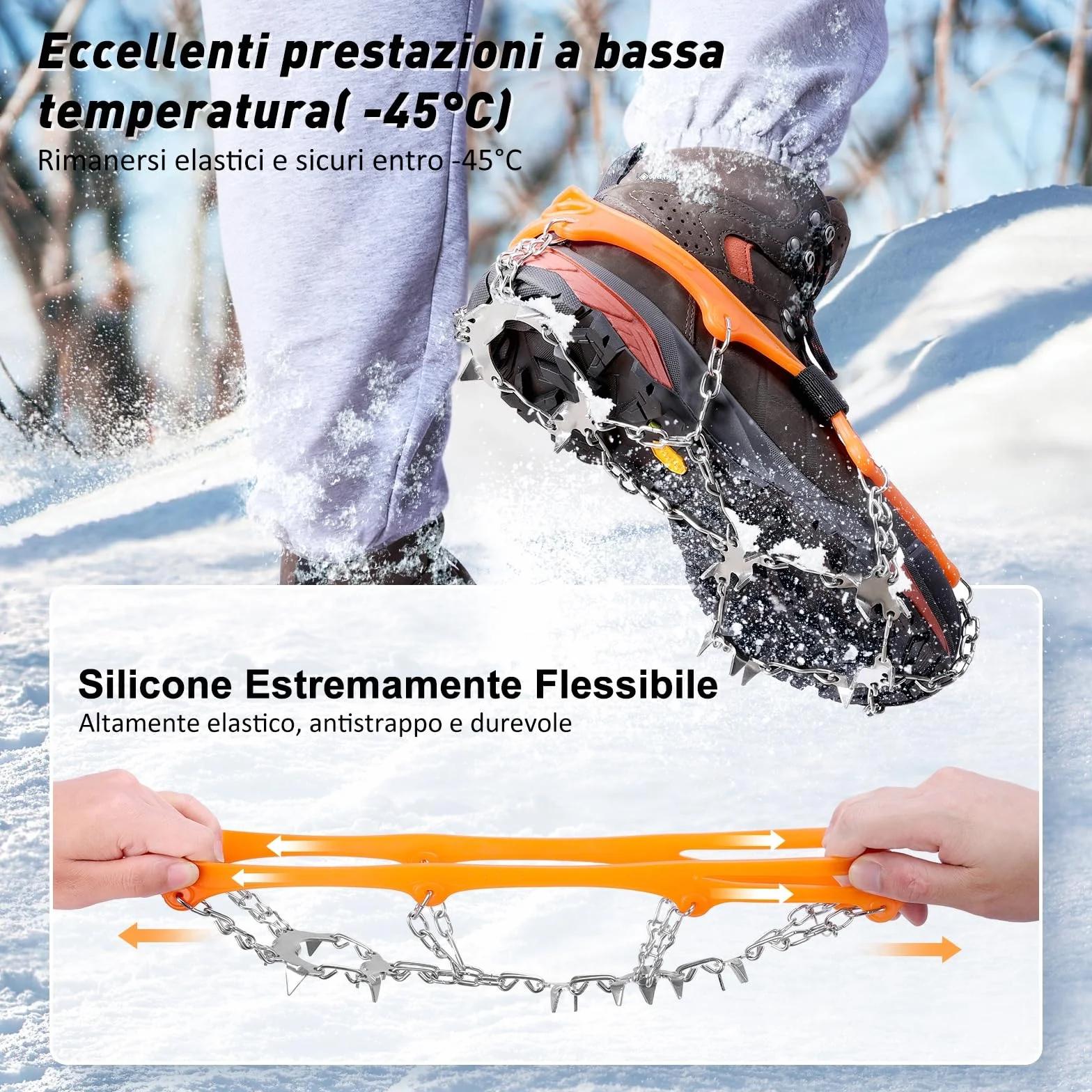 AGPTEK Ice Tacchetti 19 Denti, Ramponi da Ghiaccio per Scarpe Portabile Neve Ramponi per Donna e Uomo con Ottimo Grip per Passeggiate, Jogging o Escursioni Camping su Neve e Ghiaccio, Arancione, M