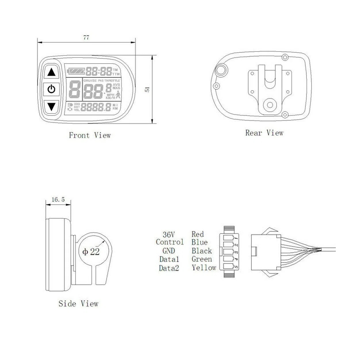 Display KT-LCD5, Impermeabile, Computer Di Bordo, Tachimetro, Display Lcd, Illuminato, Multifunzionale, Spina Julet A 5 Poli, E-Bike, Bici Elettrica, 24V/36V/48V