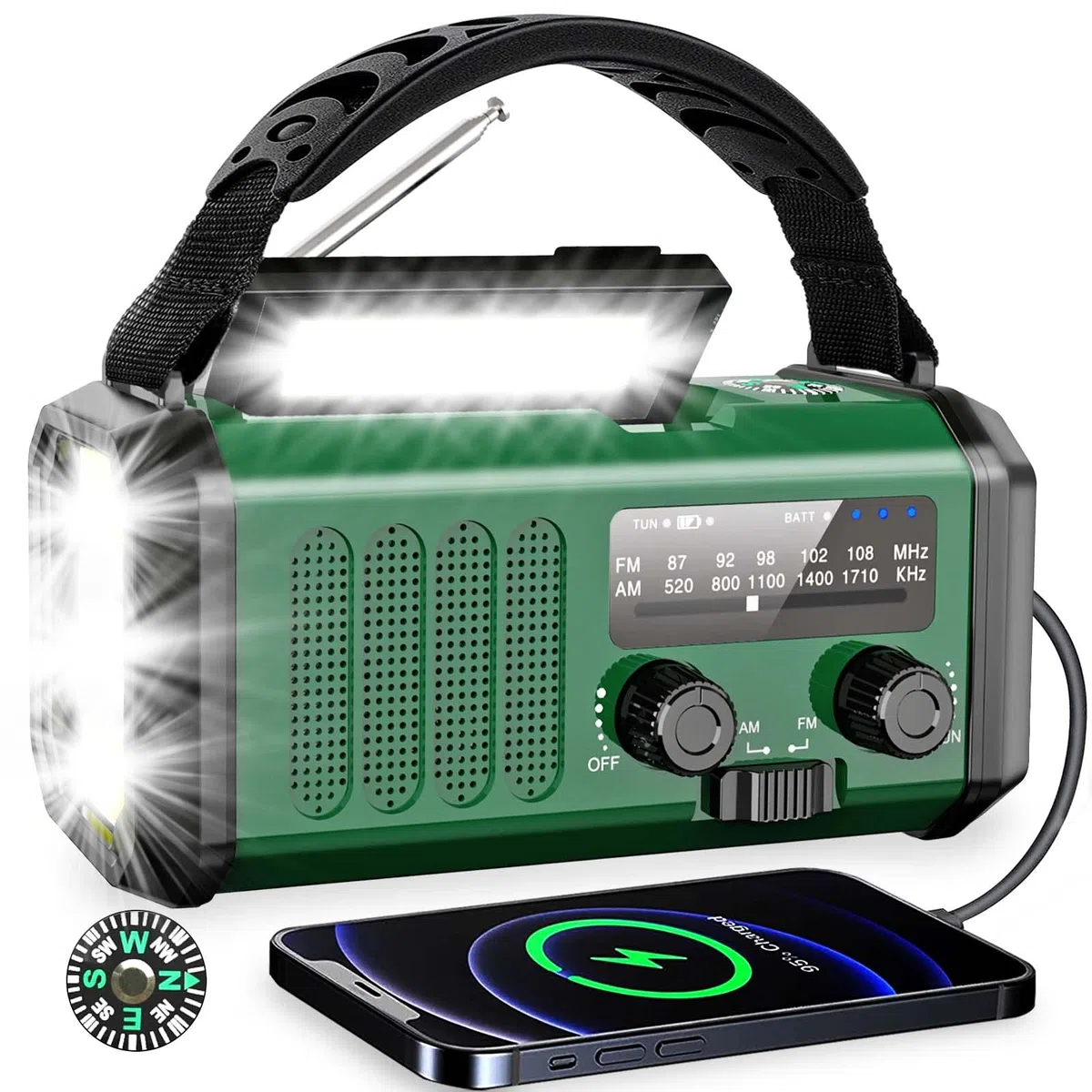 Radio a manovella, 10000 mAh, con manovella di emergenza, FM/AM portatile, radio di emergenza Dynamo Radio ricaricabile con funzione di ricarica del cellulare, torcia a LED, lampada da lettura