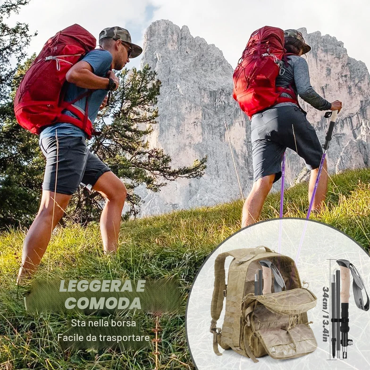 GIBOHOM Bastoncini Trekking Alluminio 2 Pezzi 105-125 CM Pieghevoli Antiurto con Cuscinetti in Gomma Borsa