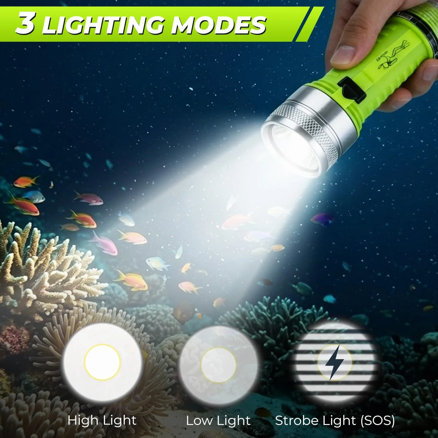 Torcia subacquea ricaricabile 1500 lumen IPX8 LED impermeabile 3 modalità subacquee (argento)