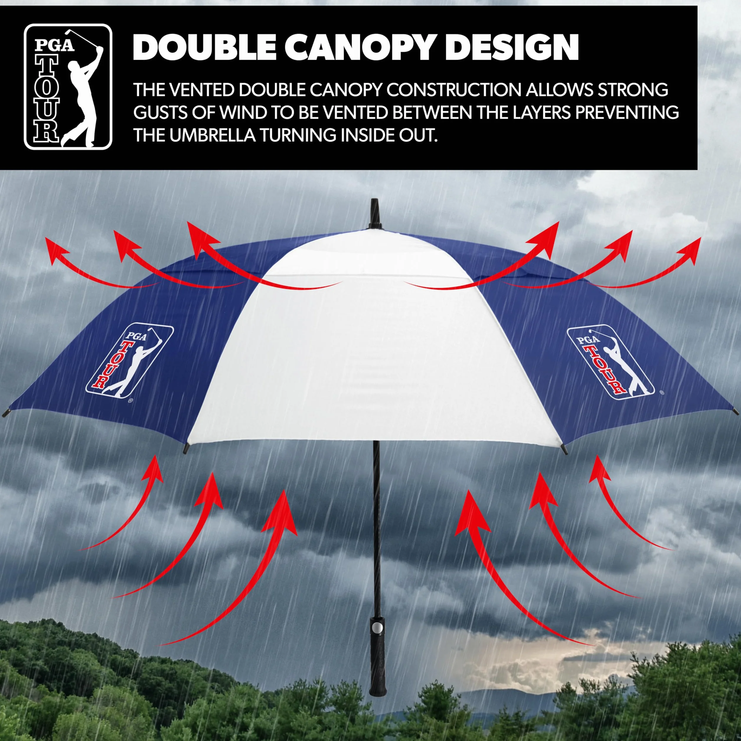 PGA TOUR 62-Inch Golf Umbrella Windproof Double Canopy Auto Open Fibreglass Shaft