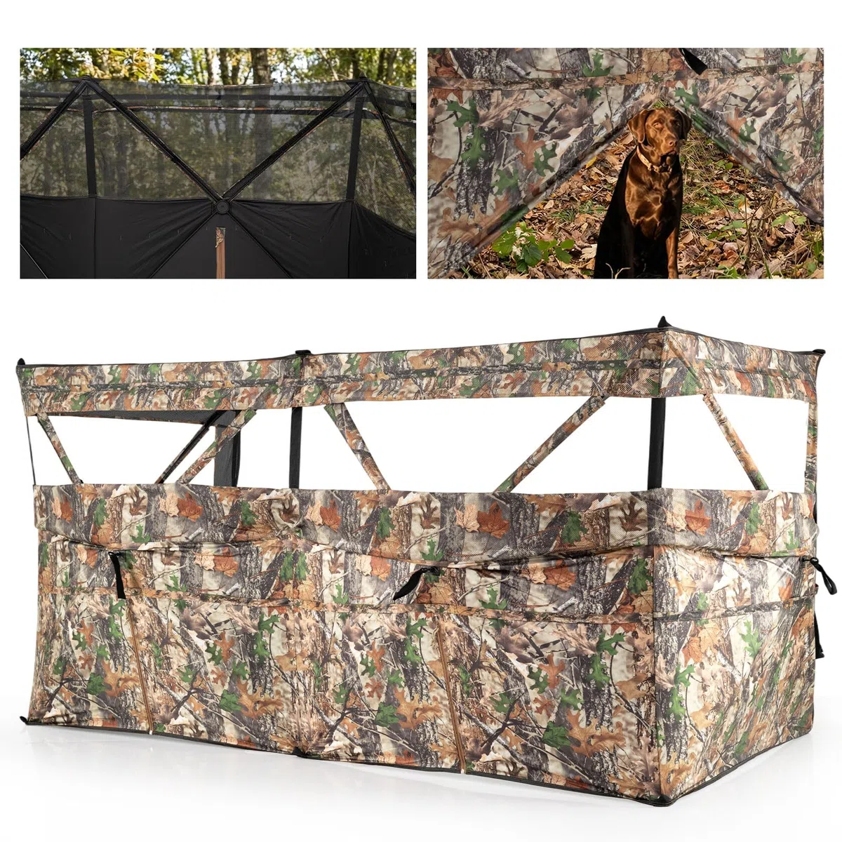 COSTWAY Barriera di Caccia Mimetico a 3 Lati Portatile 360°, Nascondiglio Pop-up 1-3 Persone con Porta per Cani, Tessuto Oxford con Borsa Trasporto, per Fotografia Naturale e Caccia