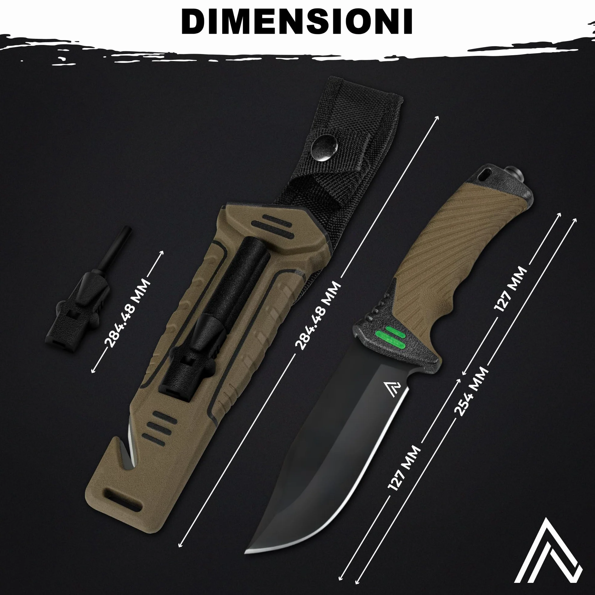 naifu® - The Hunter X - MARONNE - Coltello sopravvivenza a lama fissa da 12 cm in acciaio inossidabile - Coltello da caccia - Sopravvivenza - Bushcraft - Accendino e affilatore inclusi