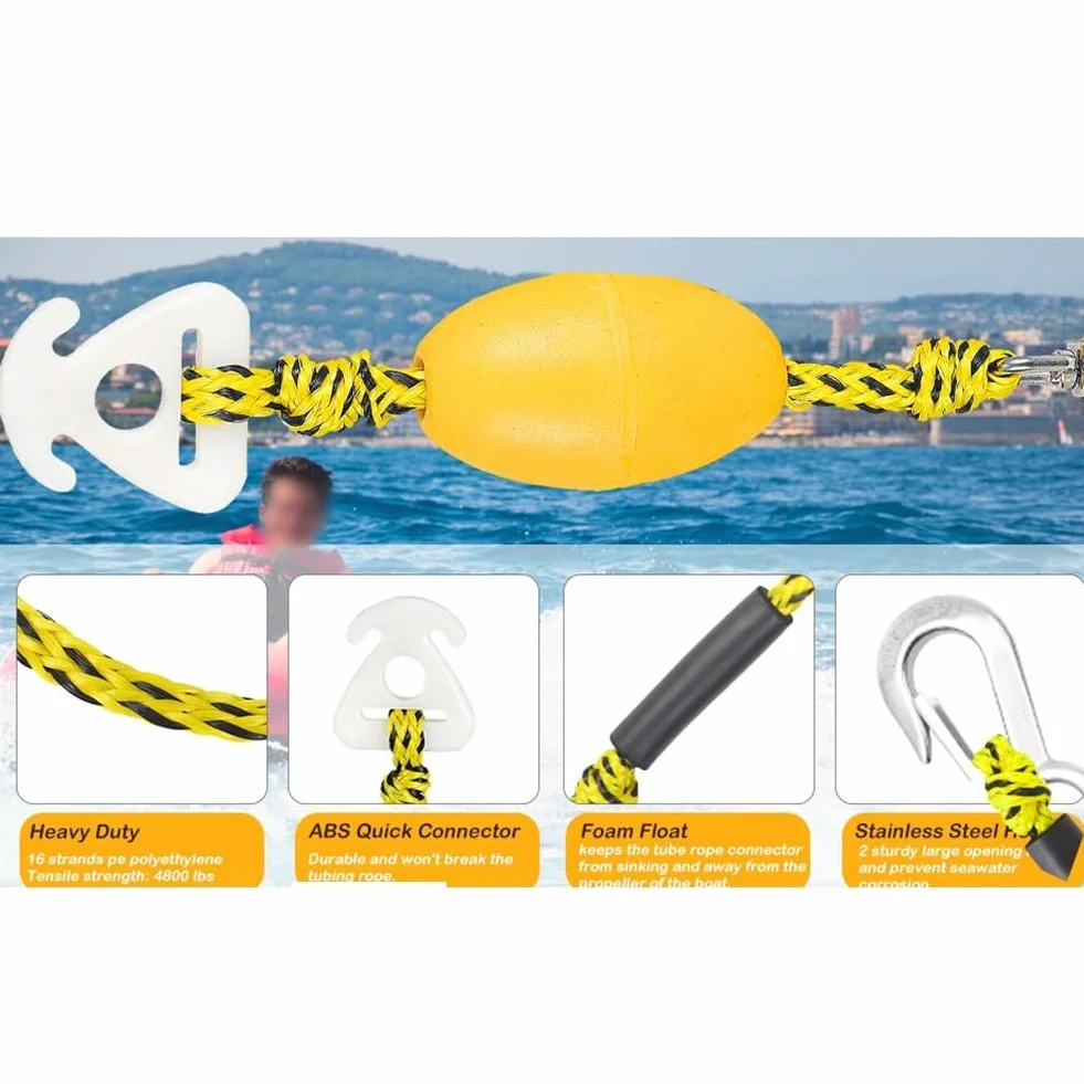 Fune di traino per tubi 4,5 m con puleggia rotante 360° e galleggiante, connettore a Y per wakeboard