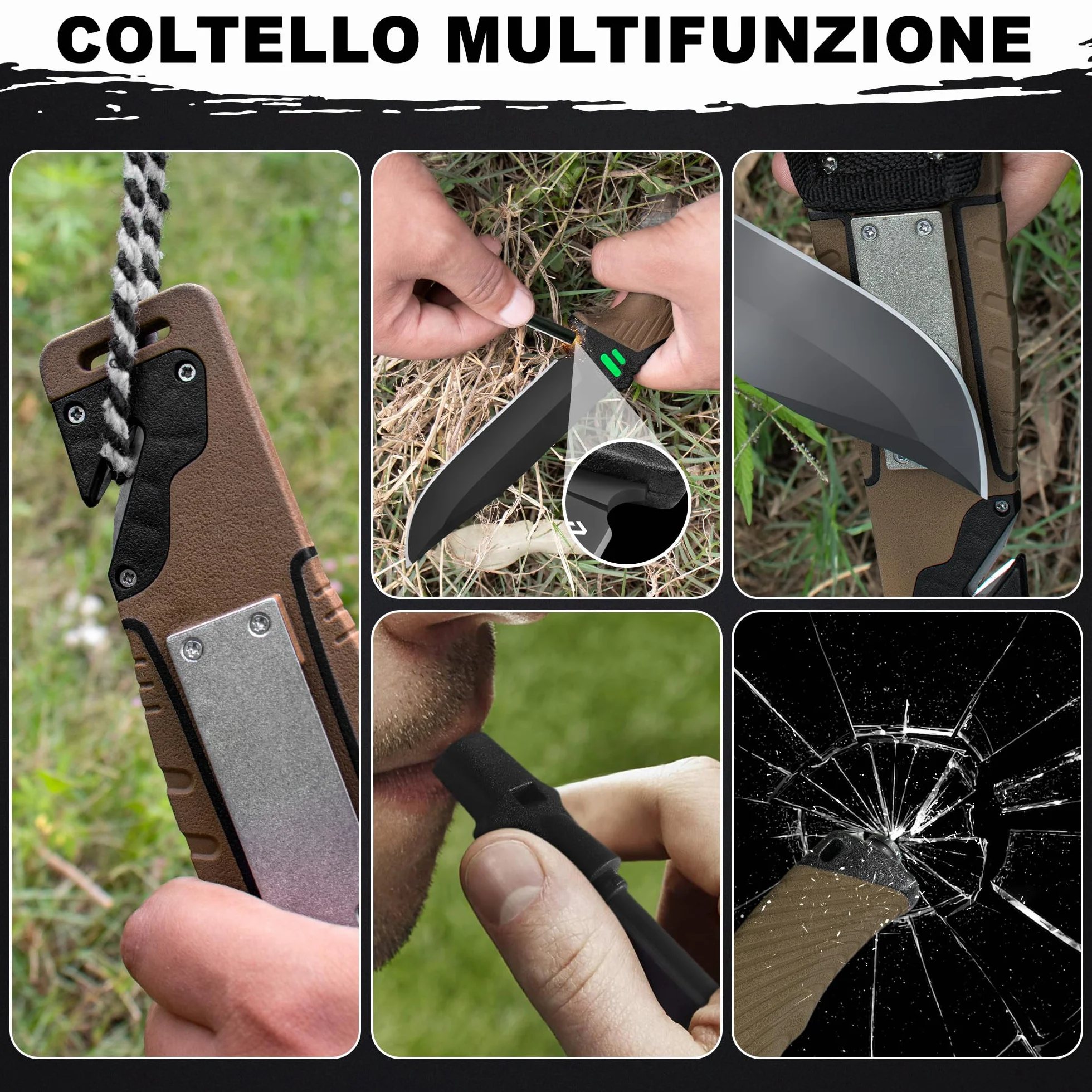 naifu® - The Hunter X - MARONNE - Coltello sopravvivenza a lama fissa da 12 cm in acciaio inossidabile - Coltello da caccia - Sopravvivenza - Bushcraft - Accendino e affilatore inclusi