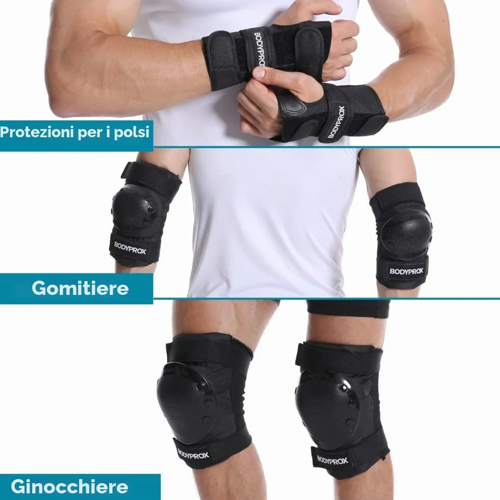 BODYPROX Set di protezioni per ginocchia, gomiti e polsi per pattinaggio