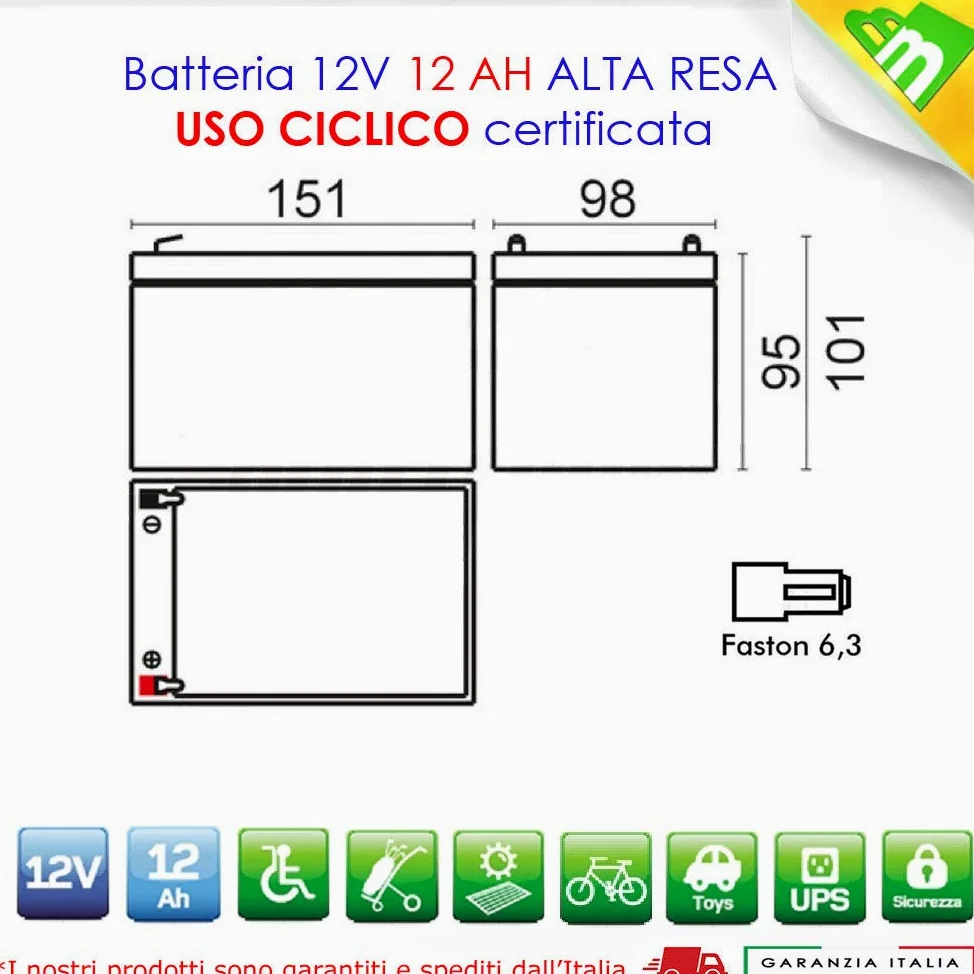 ANFEL Kit 3 BATTERIE al Piombo Ricaricabile 12V 36V 12AH CICLICA Batteria Uso CICLICO per Bici Biciclette ELETTRICHE MONOPATTINI Quad ELETTRICI TRAZIONE ELETTRICA FASTON 6,35mm Deep Cycle 6-DZM-12