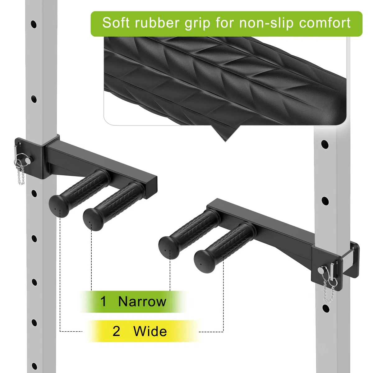 Attacco per barra per immersioni per power rack da 2 x 2 pollici e 3 x 3 pollici, maniglie larghe e strette antiscivolo, attacco per squat rack per immersioni