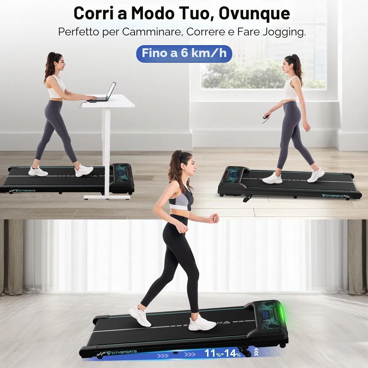 CITYSPORTS Tapis Roulant électrique 11 %–14 % inclinable – Tapis de Course compact avec LED & éclairage d’ambiance, 1–6 km/h, silencieux, télécommande, idéal maison et bureau