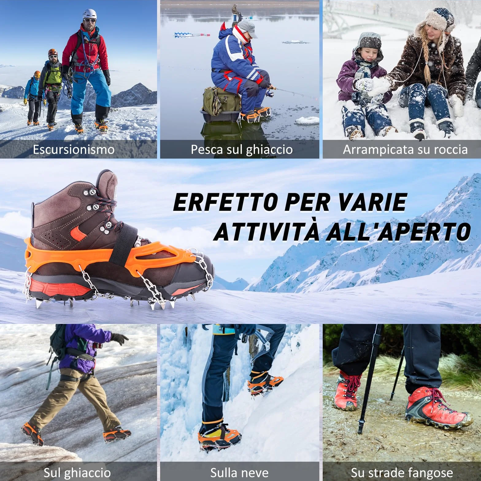 AGPTEK Ice Tacchetti 19 Denti, Ramponi da Ghiaccio per Scarpe Portabile Neve Ramponi per Donna e Uomo con Ottimo Grip per Passeggiate, Jogging o Escursioni Camping su Neve e Ghiaccio, Arancione, M