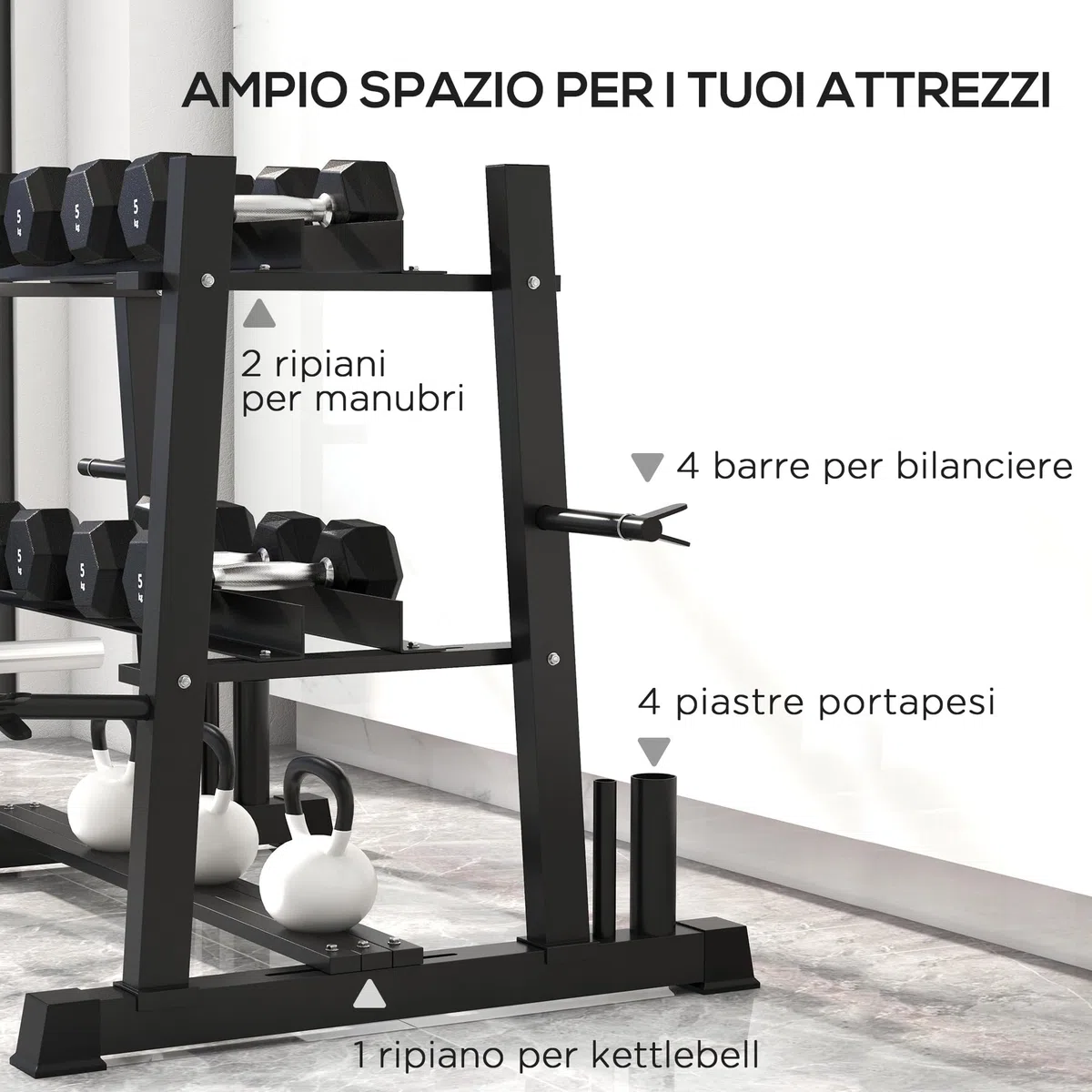 SPORTNOW Rastrelliera per Manubri in Acciaio con 4 Aste a Distanza Regolabile per Pesi, Kettlebell e Bilancieri, 131x75x80 cm, Nero
