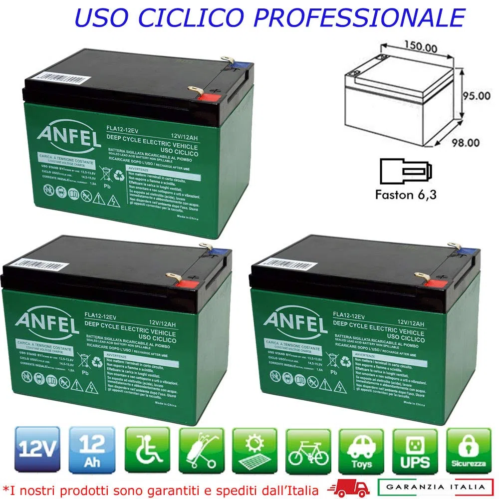 ANFEL Kit 3 BATTERIE al Piombo Ricaricabile 12V 36V 12AH CICLICA Batteria Uso CICLICO per Bici Biciclette ELETTRICHE MONOPATTINI Quad ELETTRICI TRAZIONE ELETTRICA FASTON 6,35mm Deep Cycle 6-DZM-12