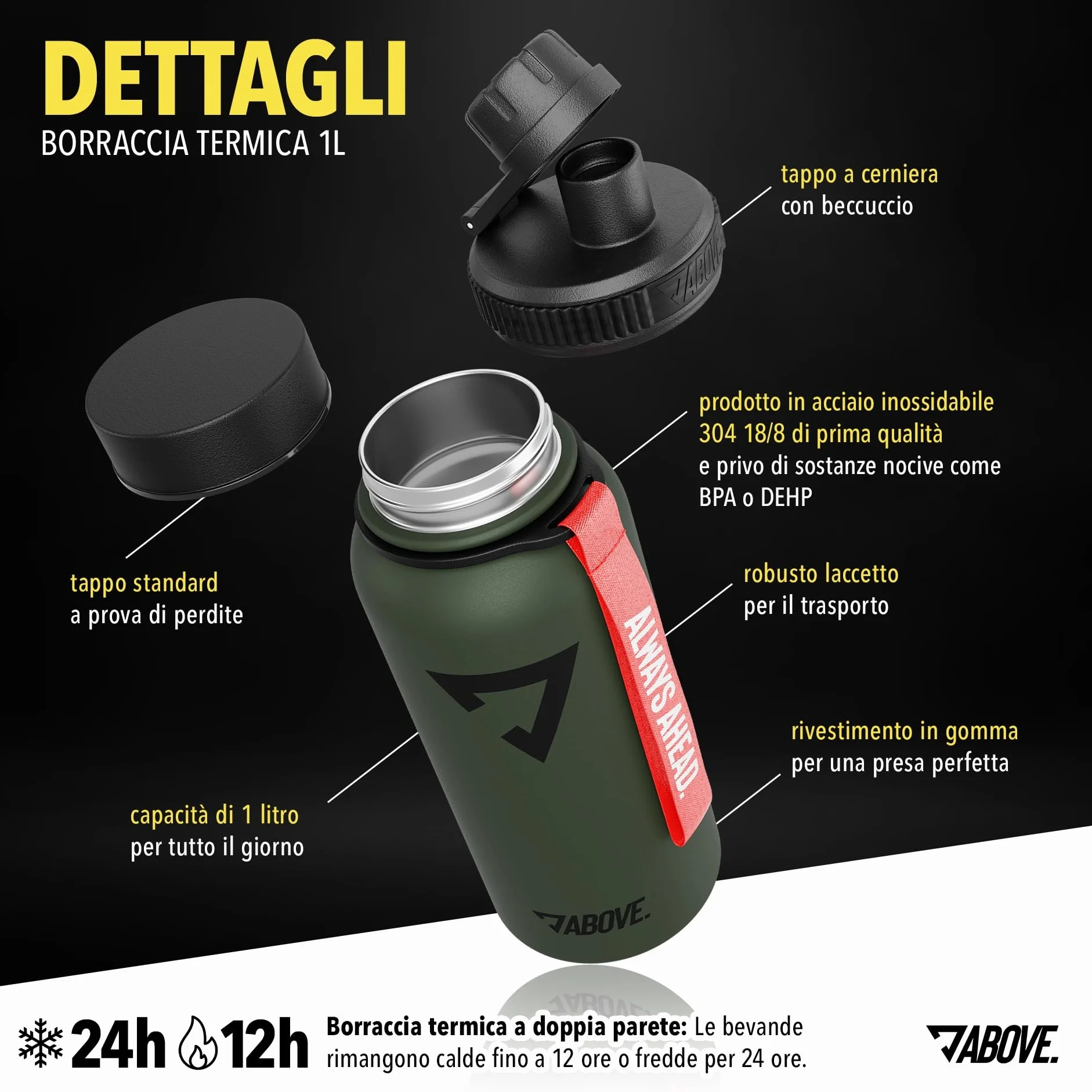 ABOVE Borraccia Termica 1L Acciaio Inox Doppia Parete Isolante Senza BPA Mantiene Caldo 12h Freddo 24h 2 Tappi Sport Outdoor Scatola Regalo Oliva