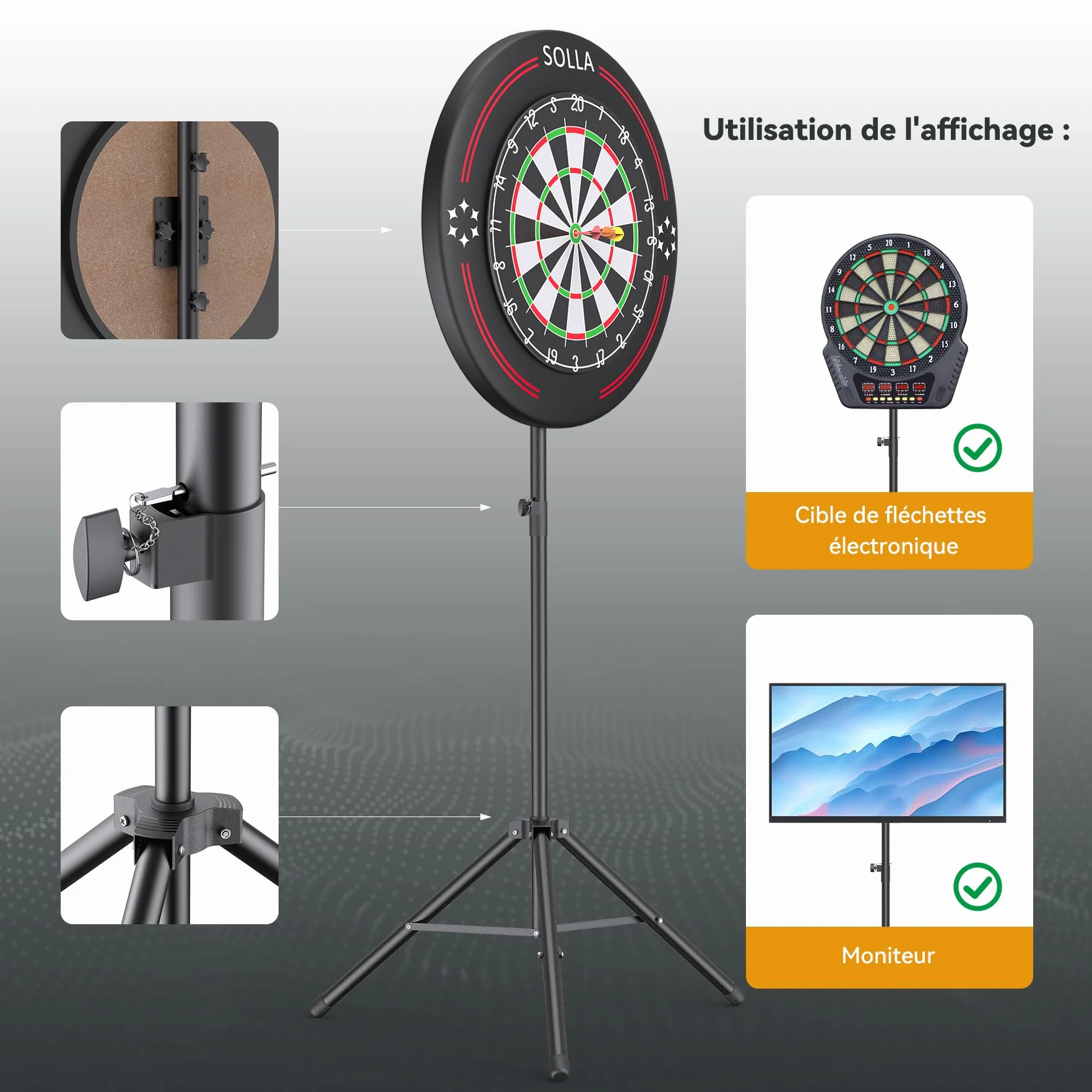 SOLLA Supporto treppiede portatile per bersaglio di freccette, adatto per bersagli in Sisal ed elettronica (bersaglio non incluso)