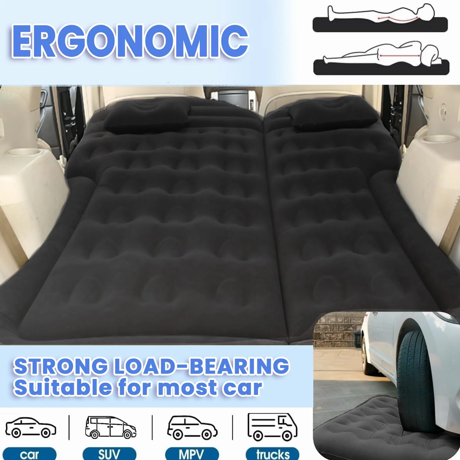 Materasso Auto SUV Portatile Ultra Comodo Floccato Materasso Gonfiabile per Auto con 2 Cuscini e Colonna d'Aria Migliorata Materasso per Auto per Interni ed Esterni Viaggi e Campeggio (Nero)