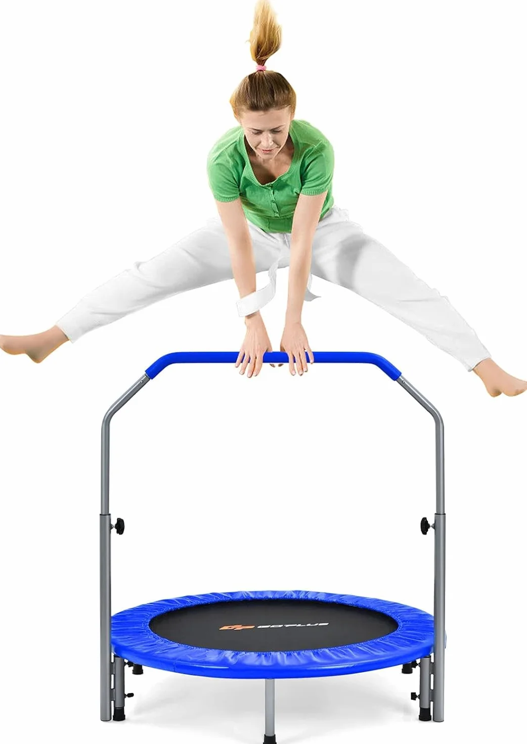 FANTASK Φ101 cm, mini trampolino da giardino con portata fino a 150 kg, pieghevole, trampolino da giardino per adulti e bambini, con impugnatura regolabile in altezza