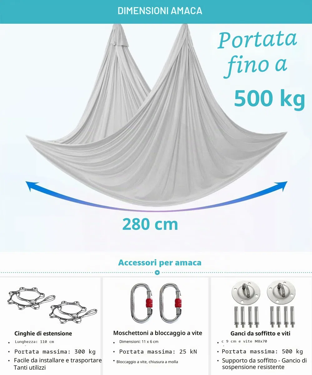 Yoga Set per Adulti, Accessori per Yoga, Carico 500 kg, Incluso Hardware di Installazione Completo