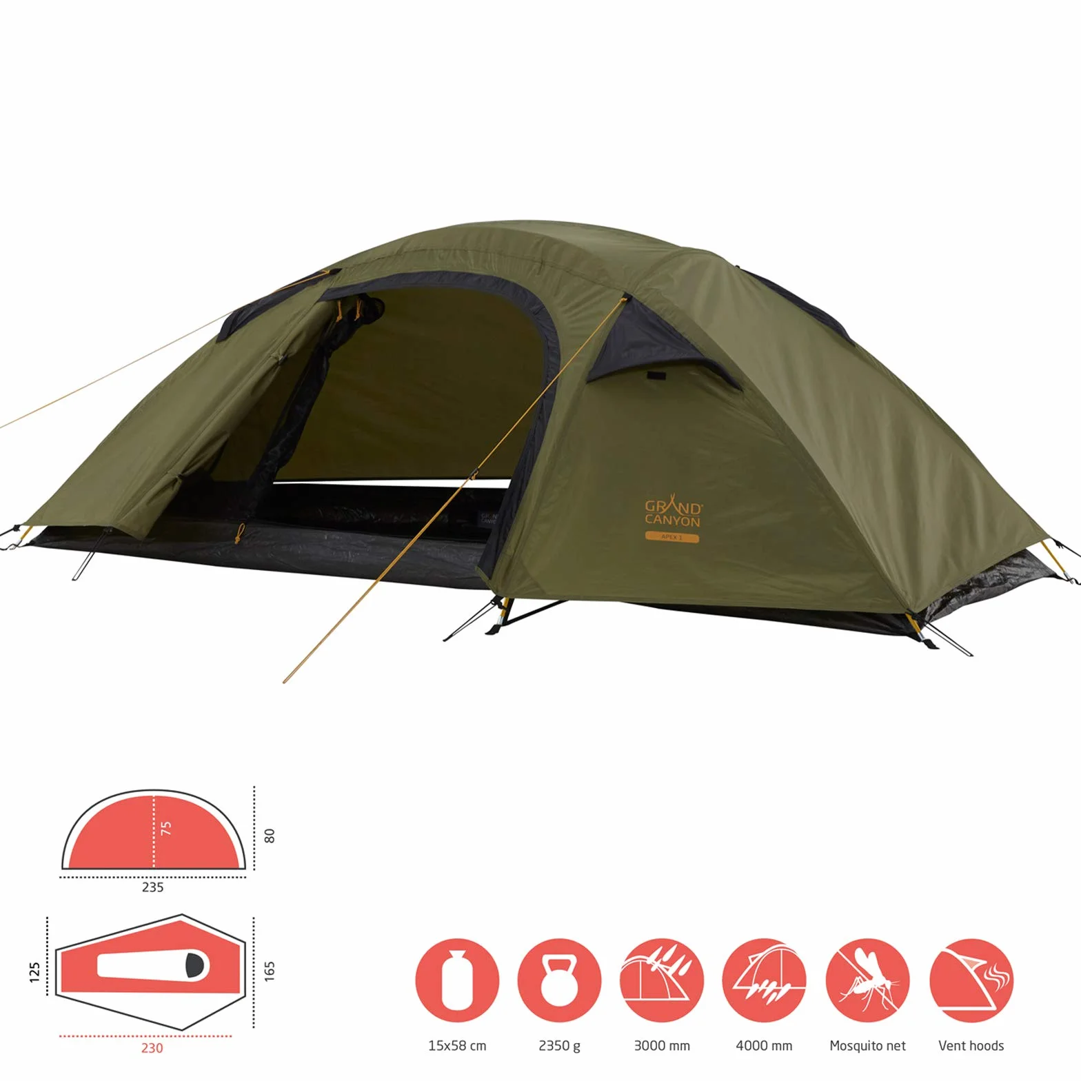 Grand Canyon APEX 1 – Tenda a cupola per 1 – 2 persone | Ultra leggera, impermeabile, piccola dimensione | tenda per trekking, campeggio, attività all'aperto, blu o verde oliva