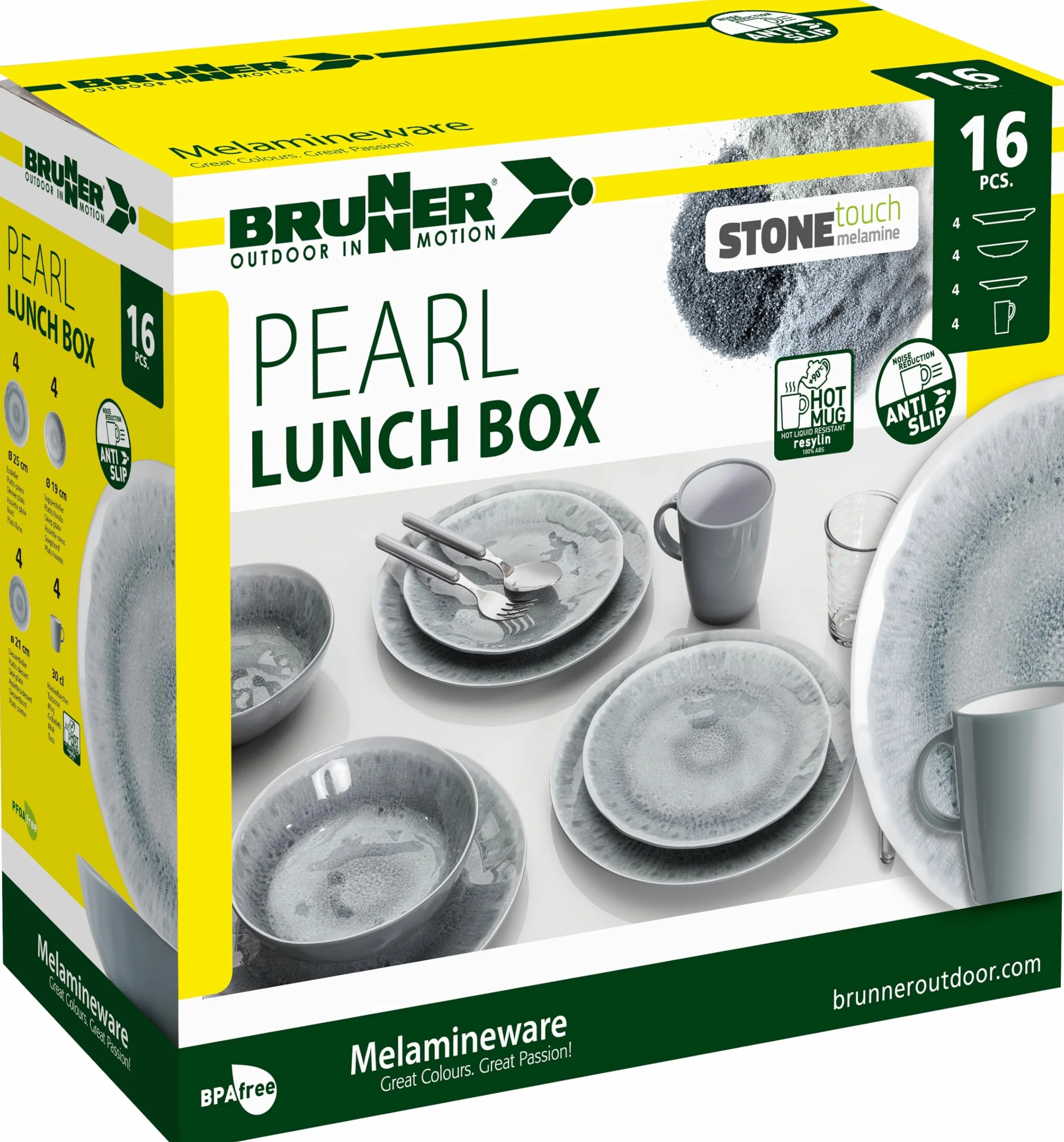 BRUNNER Melamin Ess Geschirr Set Lunch Box 16-Teilig Camping Reise Teller Becher Stonetouch Pearl