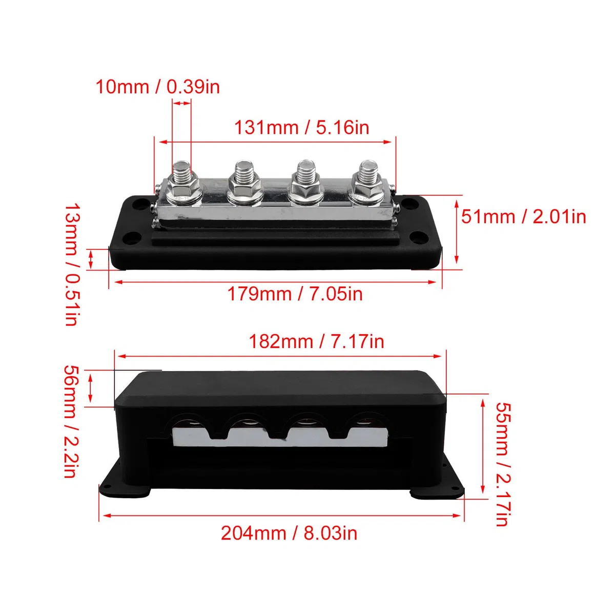 YWBL-WH Barra Collettrice 600A Blocco di Distribuzione Dell'alimentazione Terminale M10 a 4 Vie con Coperchio per Batteria per Barche Marine per (BLACK)