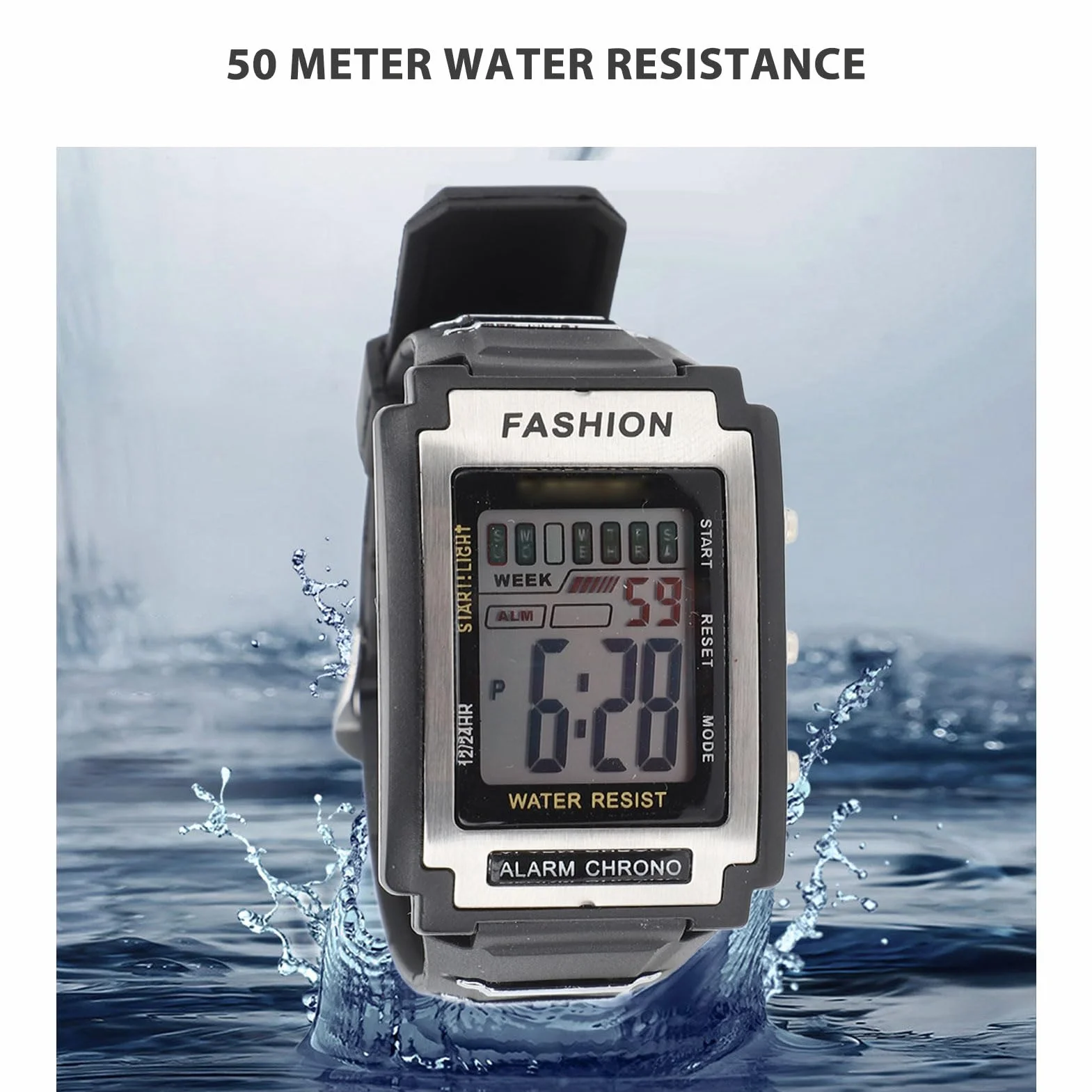 Orologio Sportivo Digitale Impermeabile Nuoto Cronografo Rettangolare Multifunzionale Grande Schermo