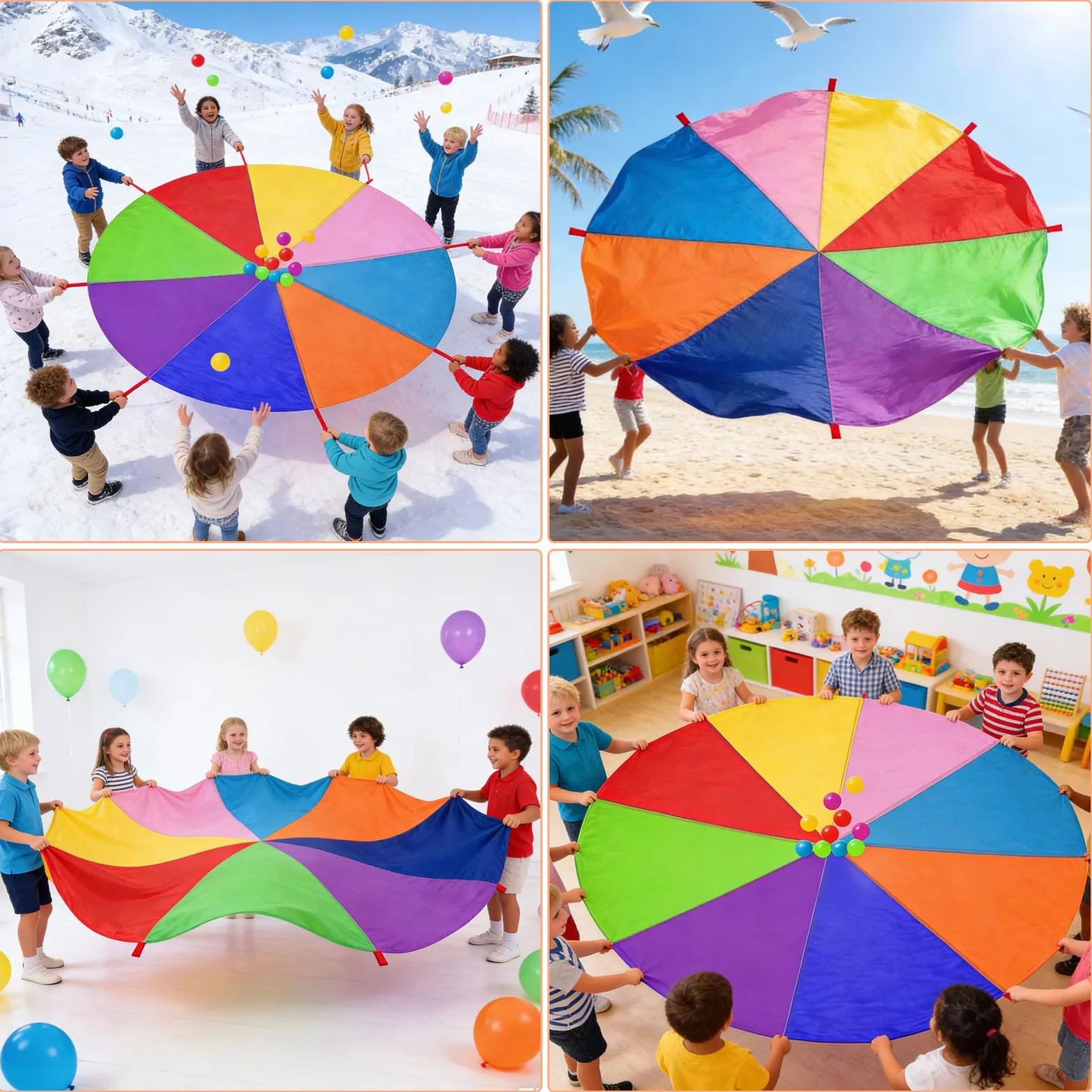 Paracadute Bambini 3,6m Arcobaleno 8 Maniglie 10 Palle Giochi All'aperto Sport