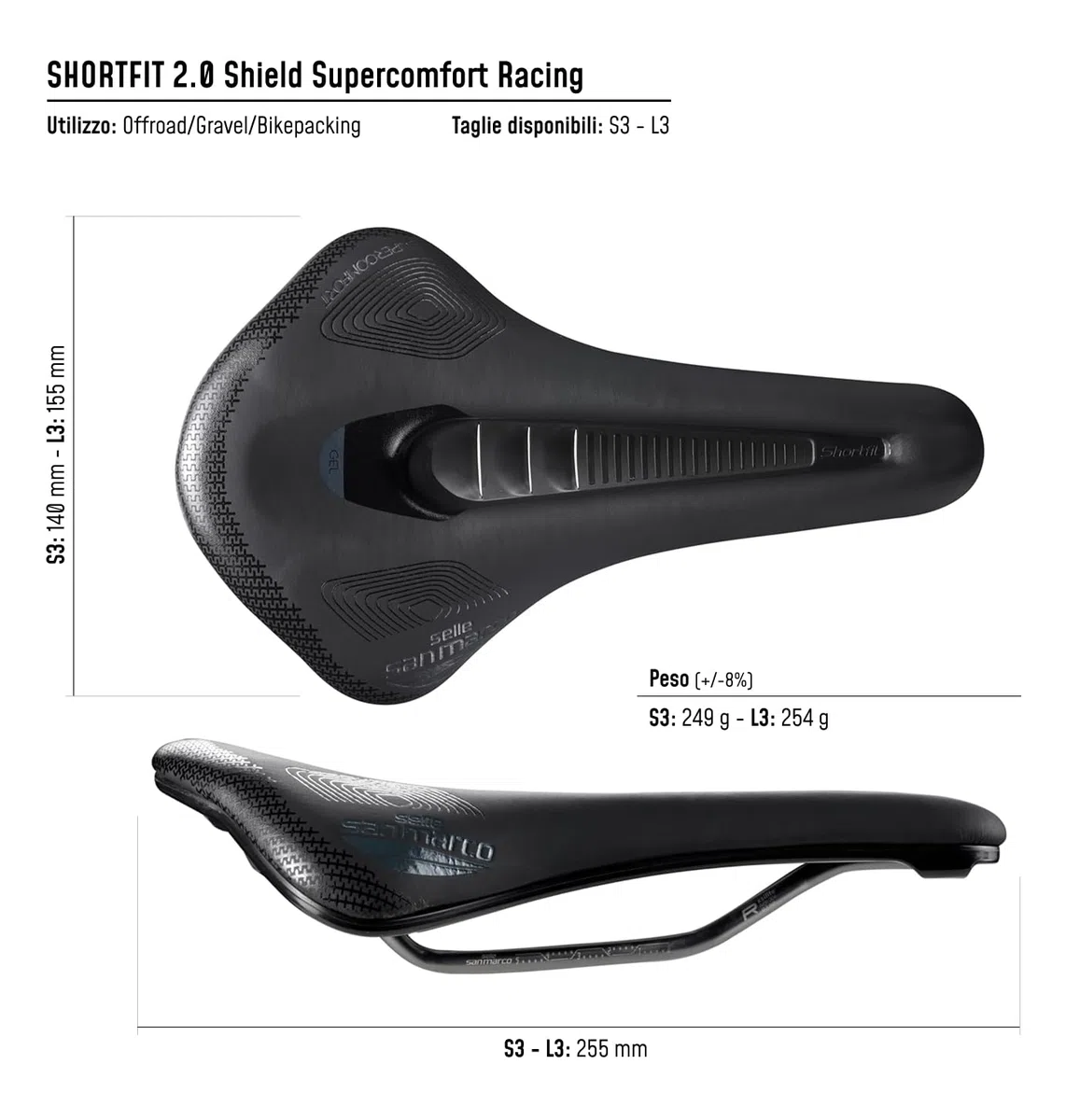 Selle San Marco SHORTFIT 2.0 Shield Supercomfort Racing - Sella Bicicletta Gravel e Bikepacking con Parafango Integrato, Foro Anatomico e Gel Extra, Telaio Resistente in Acciaio