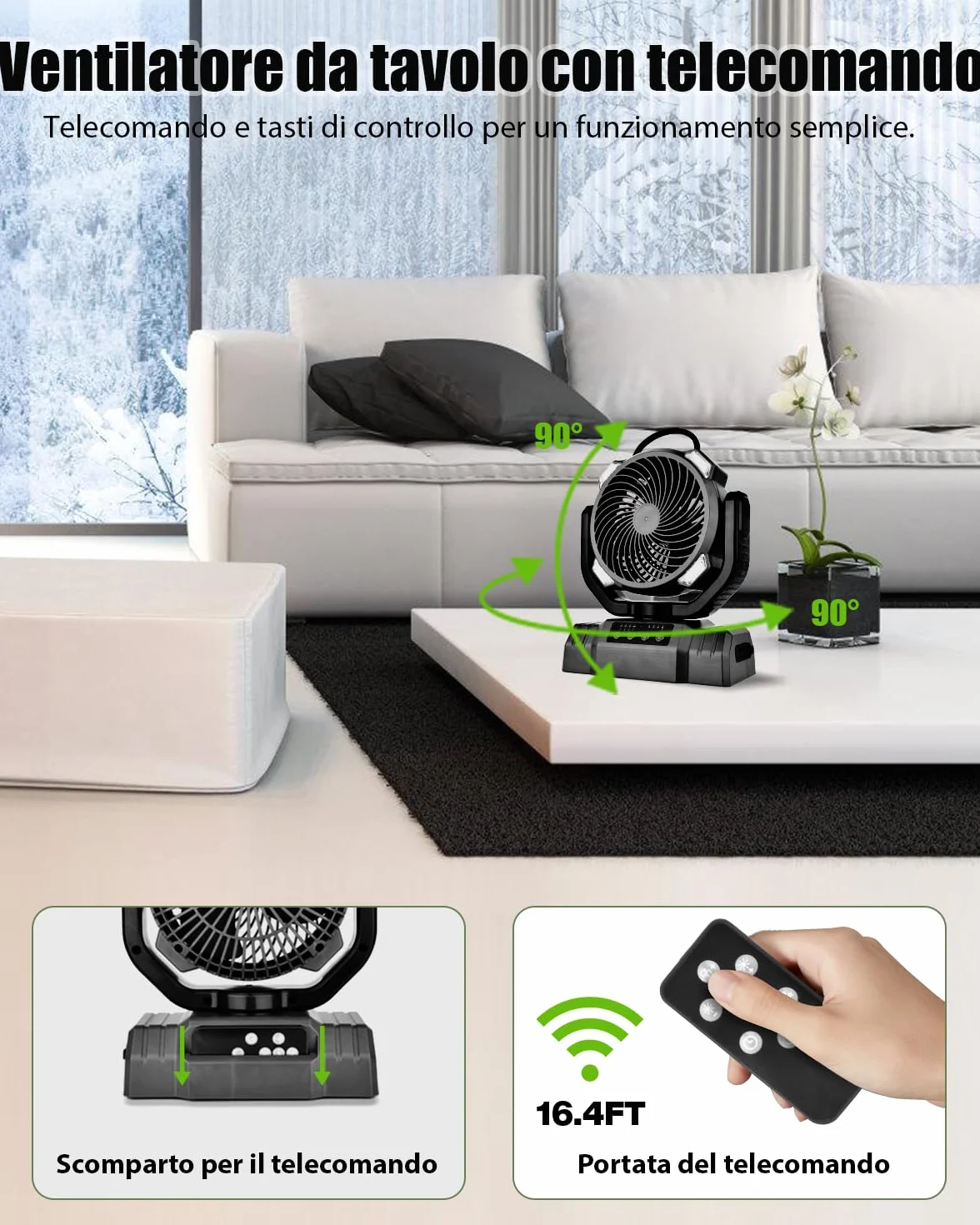 Timiyou Ventilatore da campeggio, 10000 mAh, molto silenzioso con luce, telecomando, power bank, 4 velocità, gancio, timer, ventilatore USB per esterni, campeggio, picnic, barbecue, pesca, ufficio