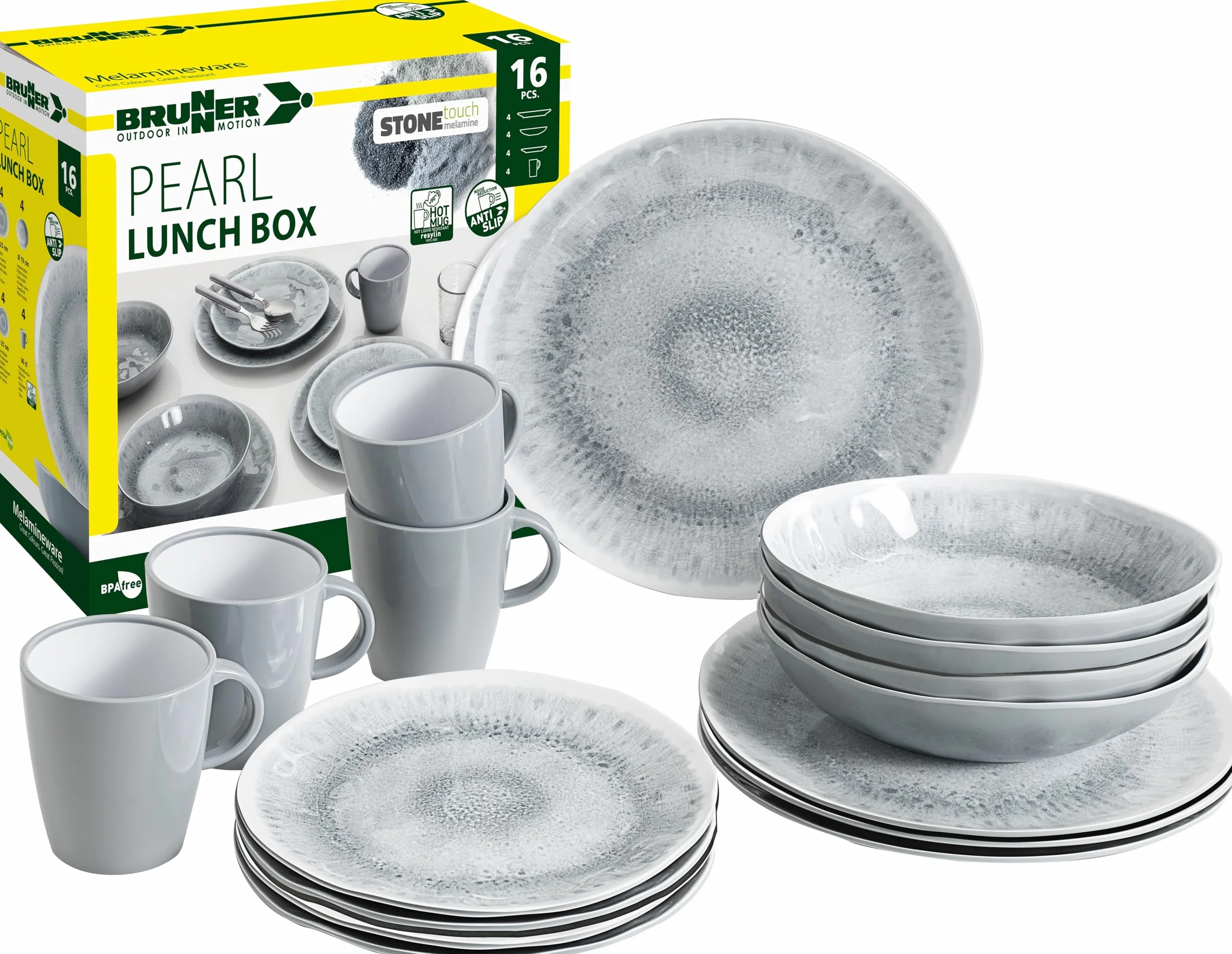 BRUNNER Melamin Ess Geschirr Set Lunch Box 16-Teilig Camping Reise Teller Becher Stonetouch Pearl