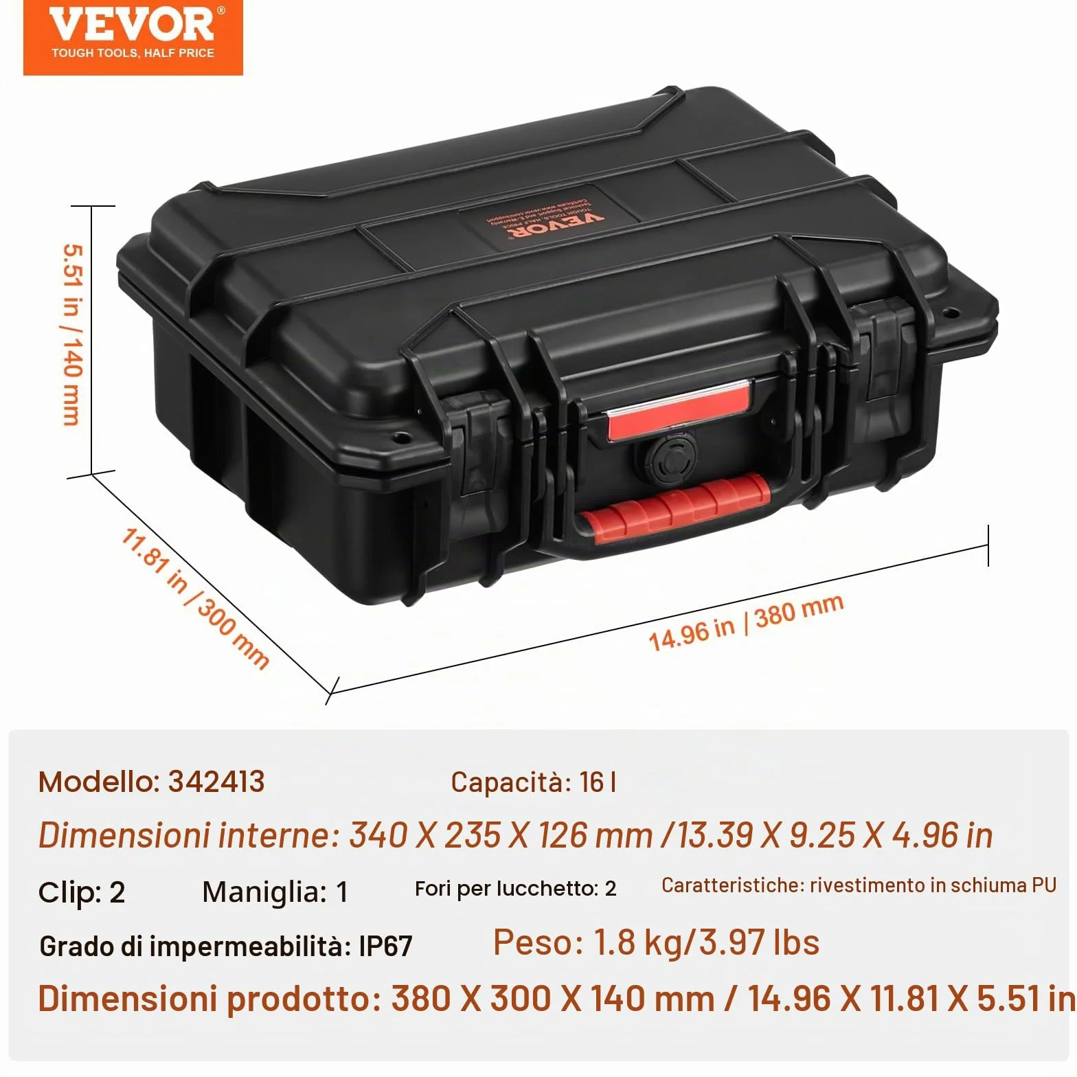 VEVOR Custodia Rigida Resistente alle Intemperie IP67 340 x 235 x 126 mm