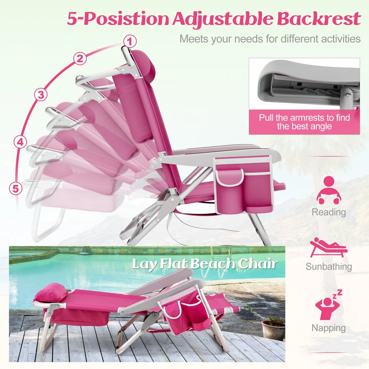KOMFOTTEU Sedia da Spiaggia Pieghevole, Spiaggina con Schienale Regolabile in 5 Posizioni, Sdraio Mare con Poggiatesta, Lettino Prendisole con Tasca Laterale, Carico 150 kg，Rosa：1