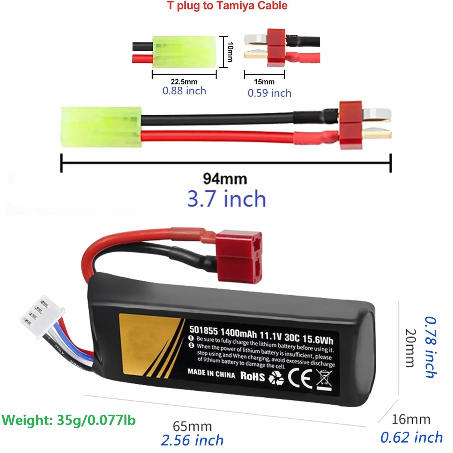 Batteria Airsoft 11.1V 3S 30C 1400mAh LiPo Ricaricabile con Presa T e Mini Tamiya 2 Pezzi
