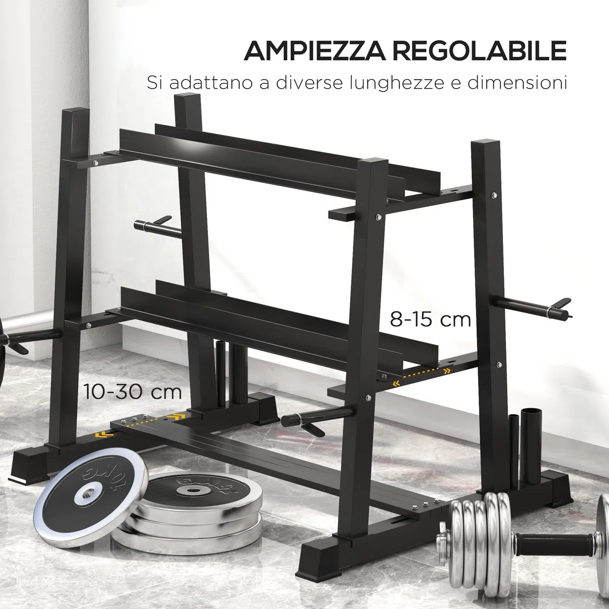 SPORTNOW Rastrelliera per Manubri in Acciaio con 4 Aste a Distanza Regolabile per Pesi, Kettlebell e Bilancieri, 131x75x80 cm, Nero