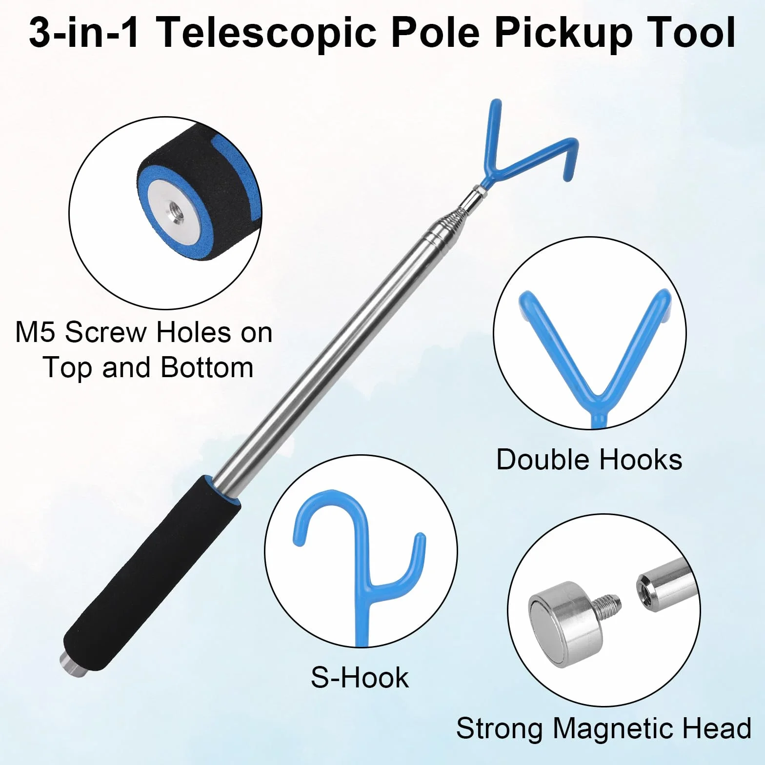 Strumento Telescopico Raccoglitore Asta Magnetica 300cm Barra Estensibile con Ganci
