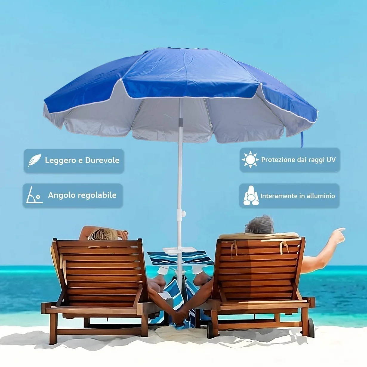 Ombrellone da Spiaggia Maiori – Struttura in Alluminio, Telo Anti UV, Snodo Zincato, Stecche in Fibra di Vetro, Base a Trivella, Sacca con Tracolla