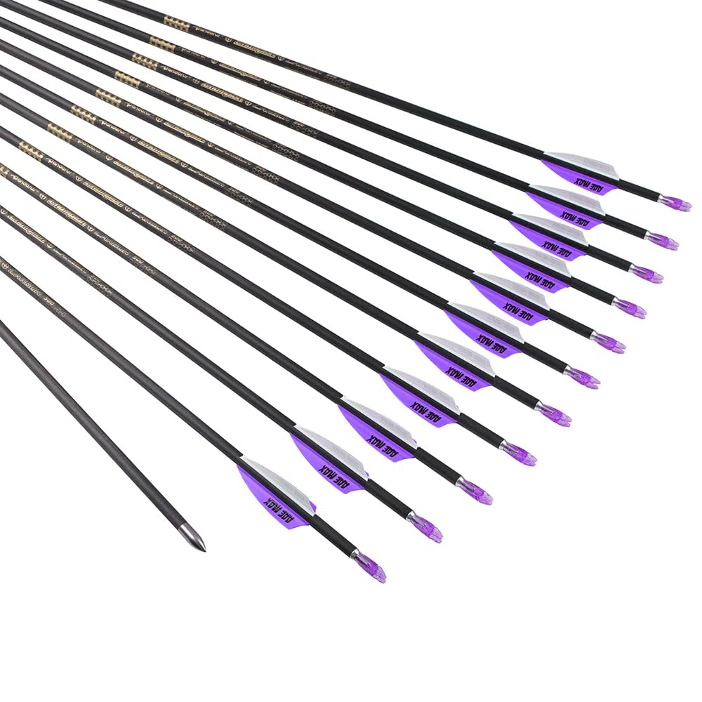 12 Pezzi Frecce da Competizione ID 4,2 mm Viola Bianco Scanalature per l'aria Piuma Freccia da Tiro con L'Arco Spine 300 400 500 600 700 800 900 1000 1100 1200 1300 1400 1500
