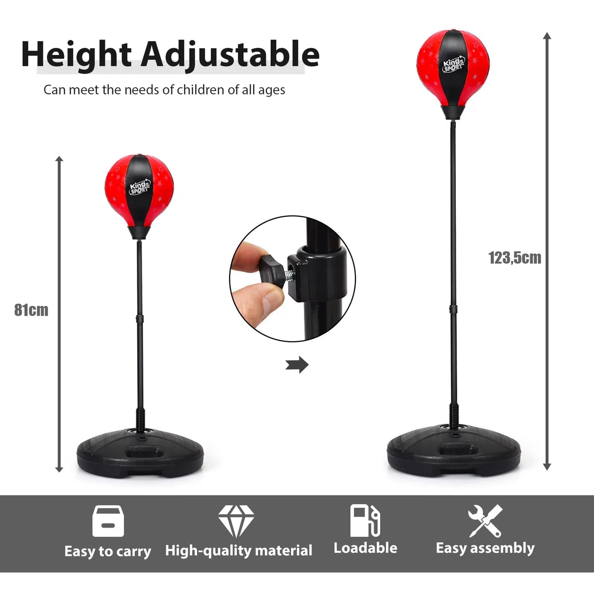 RELAX4LIFE Punching Ball con Guantini per Adulti e Bambini, Sacco da Boxe con Altezza Regolabile 81-123 cm, Palla di Pugilato da Terra con Base Stabile, Rosso e Nero (Piccolo)