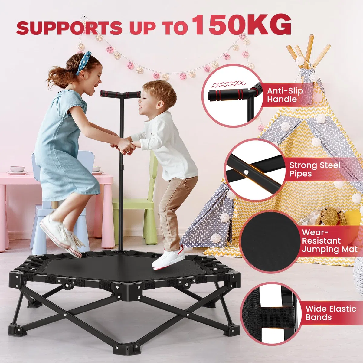 Mini trampolino pieghevole da 150 kg, trampolino fitness da 102 cm, maniglia in schiuma regolabile, trampolino elastico stabile e silenzioso per allenamento indoor/outdoor per adulti
