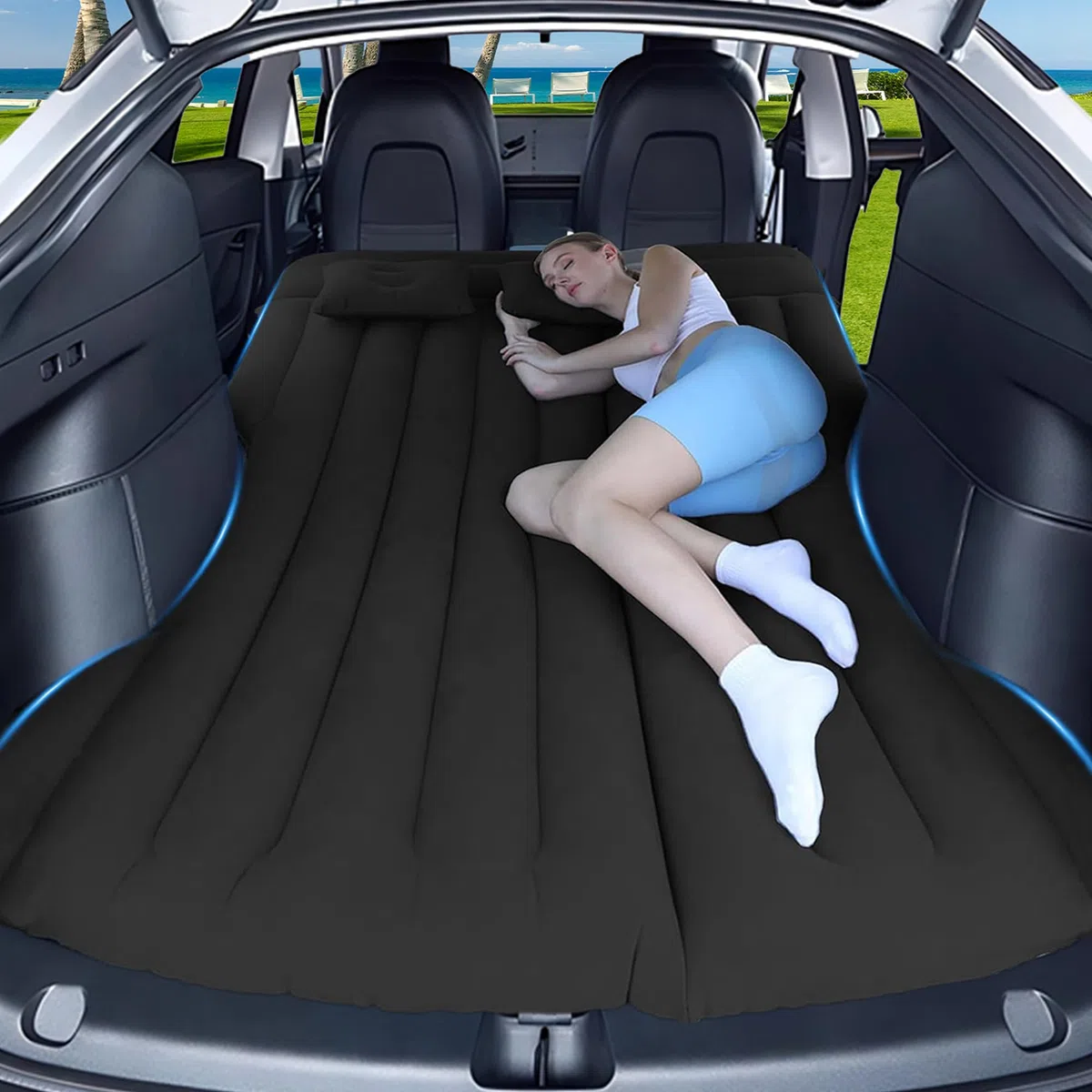 Materasso Auto, Materasso ad aria per model y SUV MPV nel bagagliaio 195x130cm, Mmaterasso Gonfiabile Auto Portatile e Comodo Campeggi Letto per Viaggi, Attività Interne ed Esterne (Nero)